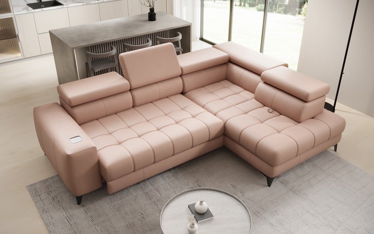 Designer L Sofa Seluna mat elektrescher Schloffunktioun, Induktioun an Späicherraum a Echtläder