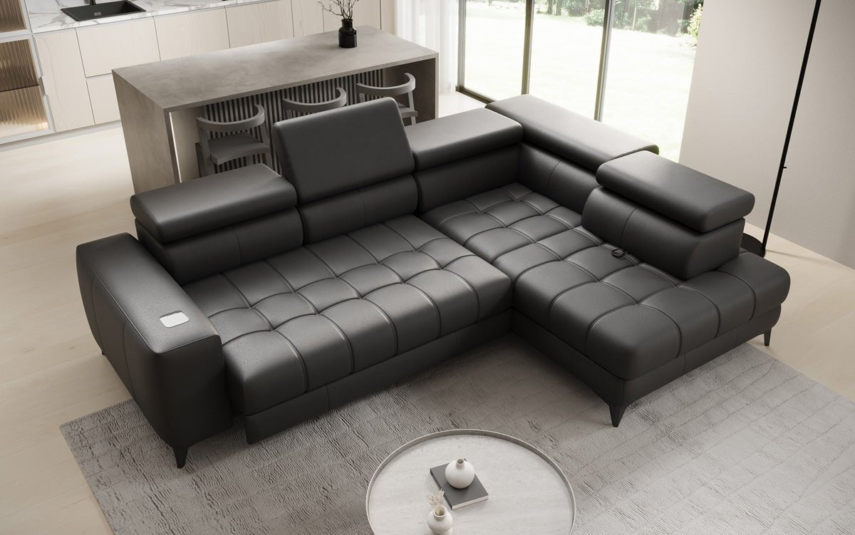 Designer L Sofa Seluna mat elektrescher Schloffunktioun, Induktioun an Späicherraum a Echtläder