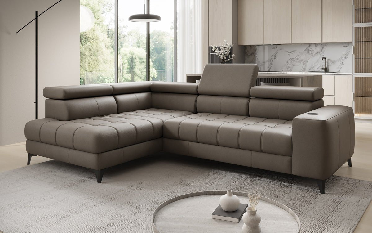 Designer L Sofa Seluna mat elektrescher Schloffunktioun, Induktioun an Späicherraum a Echtläder