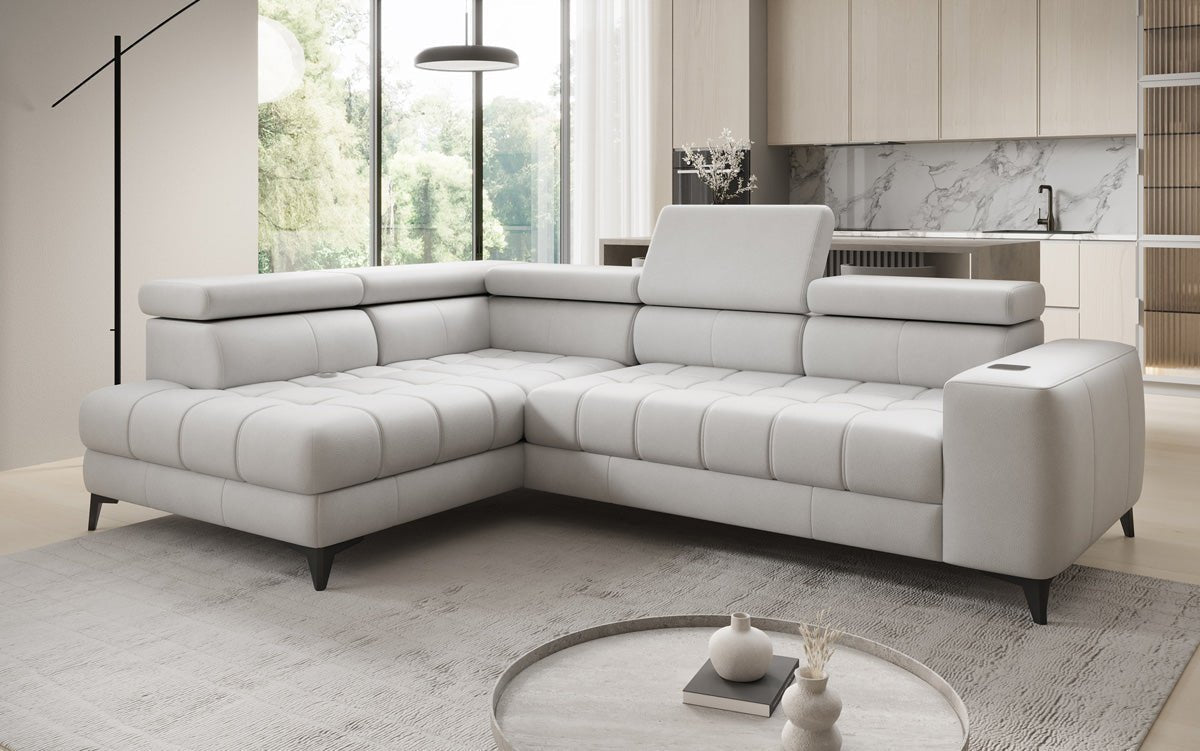 Designer L Sofa Seluna mat elektrescher Schloffunktioun, Induktioun an Späicherraum a Echtläder