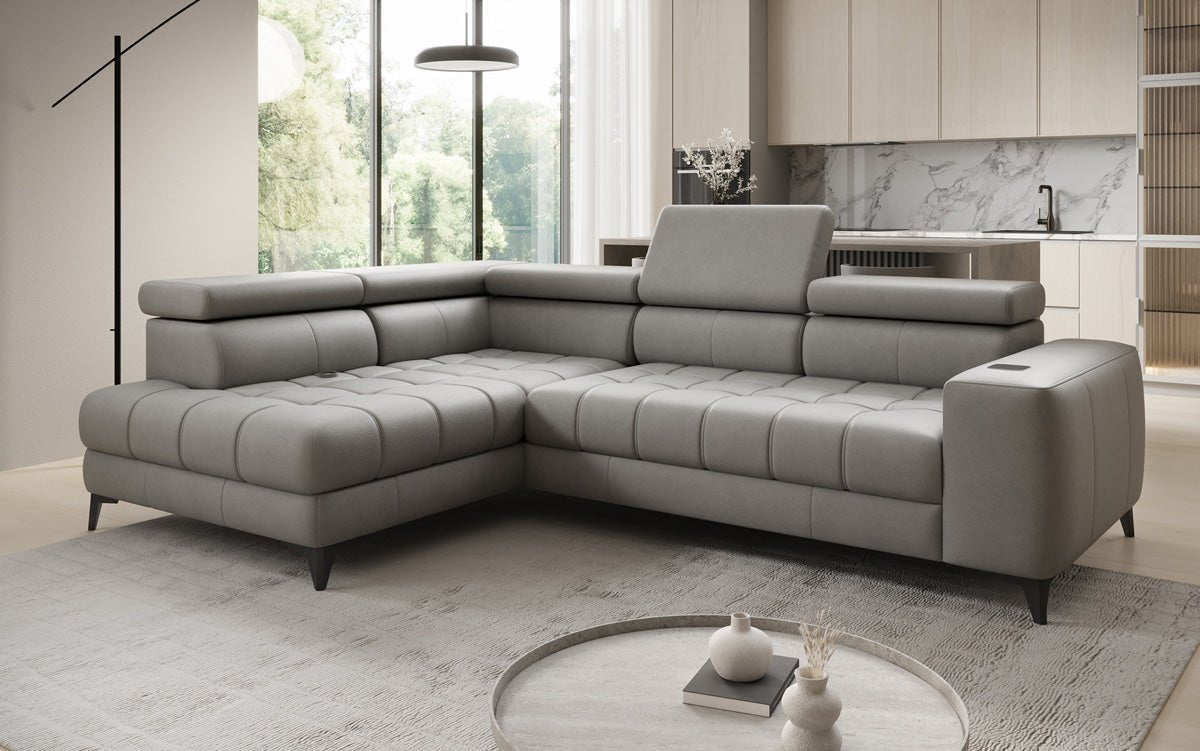 Designer L Sofa Seluna mat elektrescher Schloffunktioun, Induktioun an Späicherraum a Echtläder