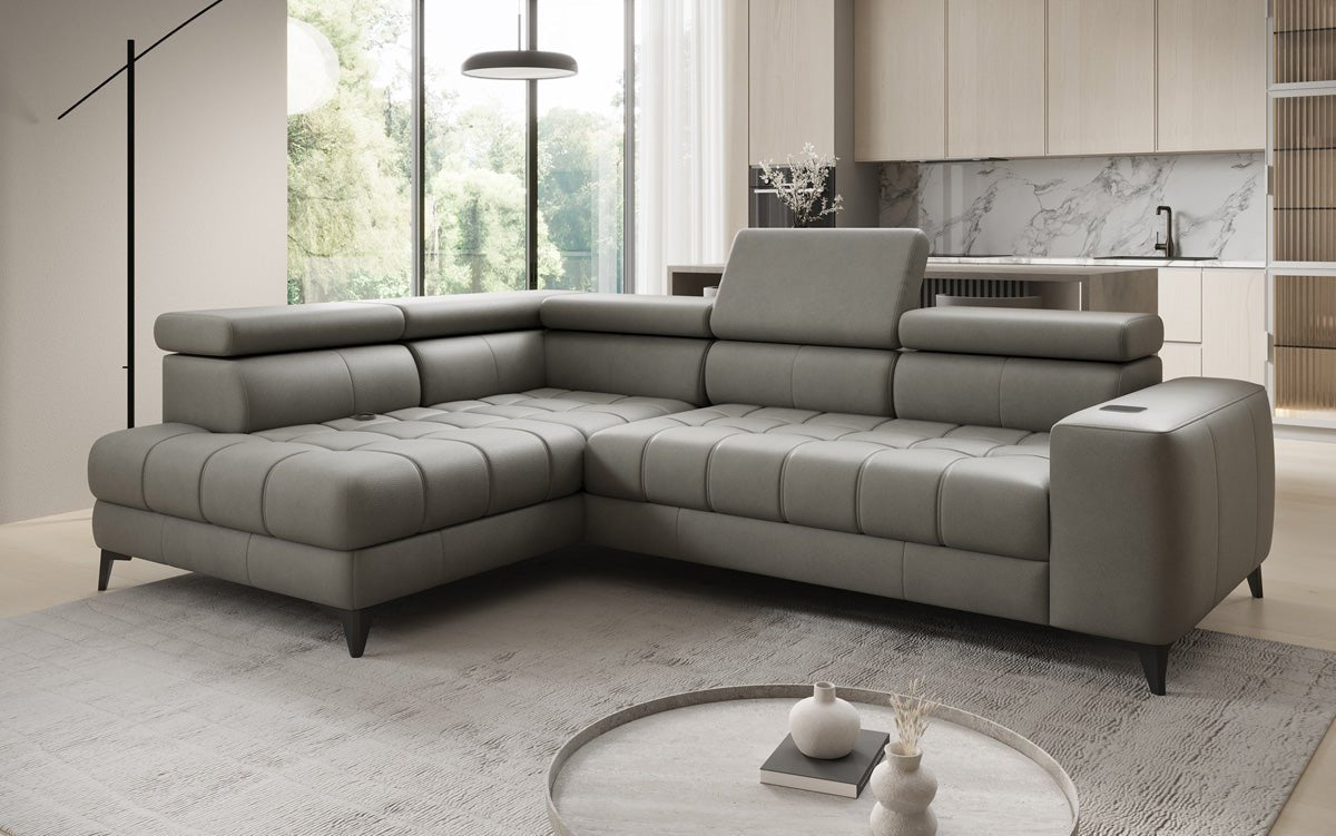 Designer L Sofa Seluna mat elektrescher Schloffunktioun, Induktioun an Späicherraum a Echtläder