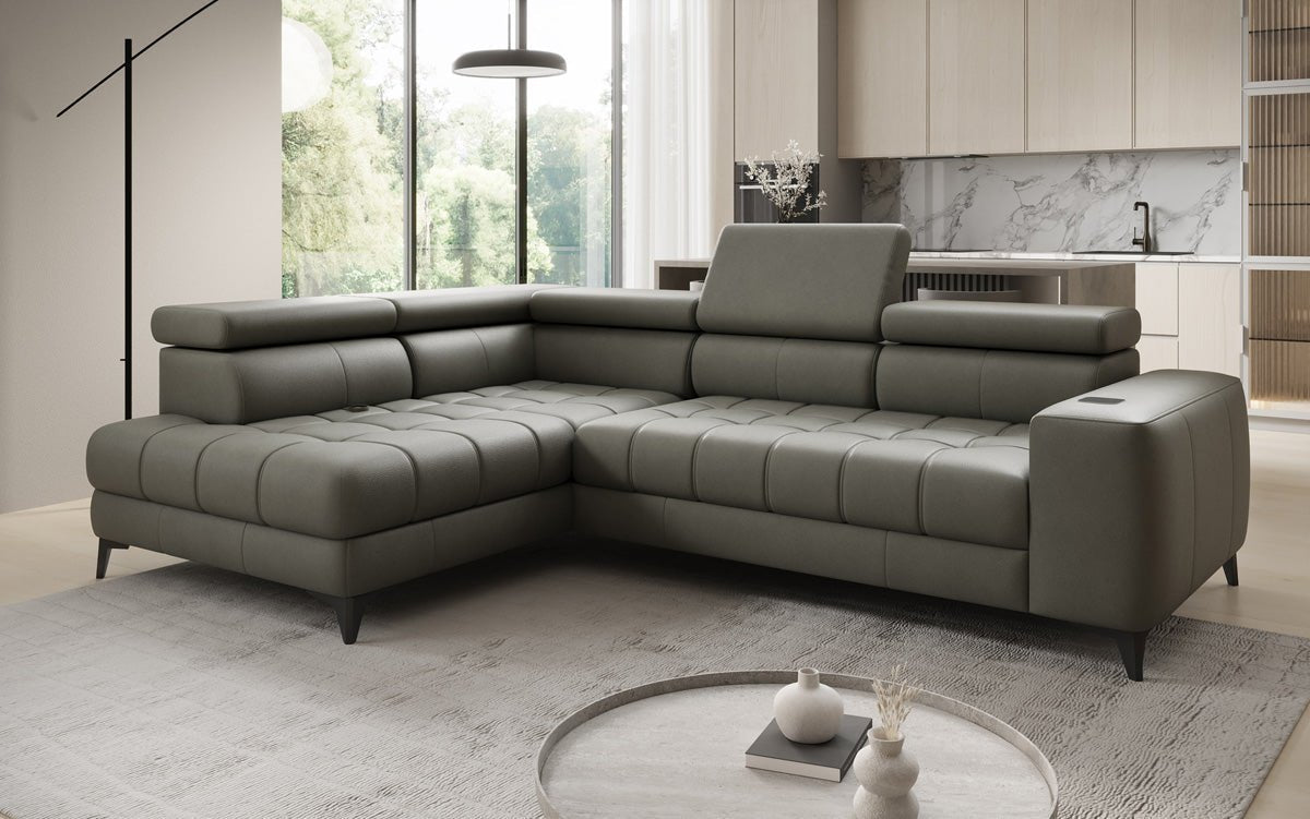 Designer L Sofa Seluna mat elektrescher Schloffunktioun, Induktioun an Späicherraum a Echtläder