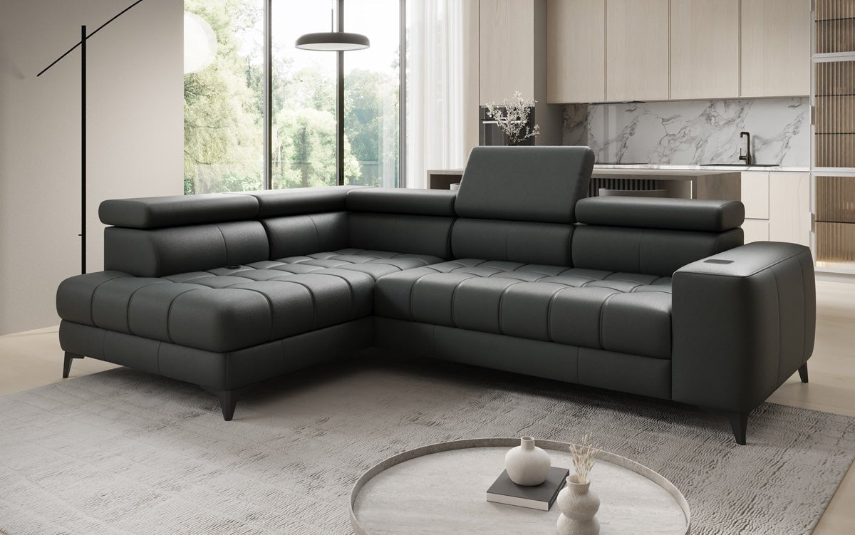 Designer L Sofa Seluna mat elektrescher Schloffunktioun, Induktioun an Späicherraum a Echtläder