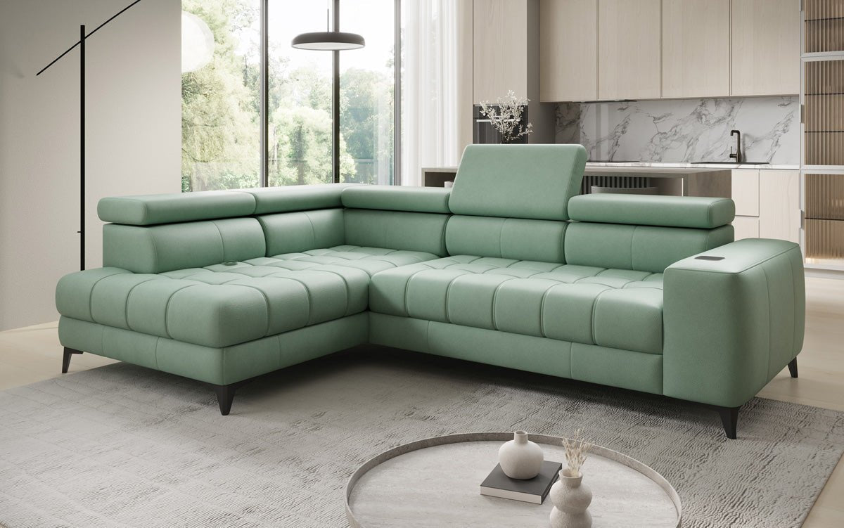 Designer L Sofa Seluna mat elektrescher Schloffunktioun, Induktioun an Späicherraum a Echtläder