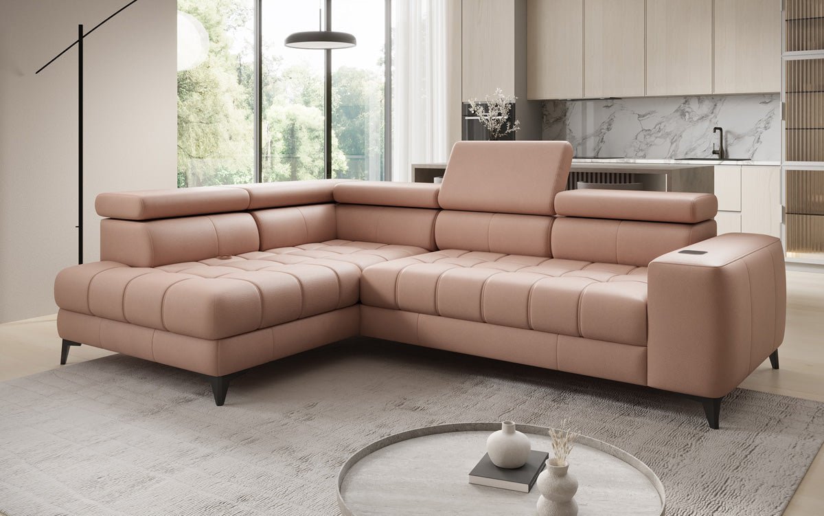 Designer L Sofa Seluna mat elektrescher Schloffunktioun, Induktioun an Späicherraum a Echtläder