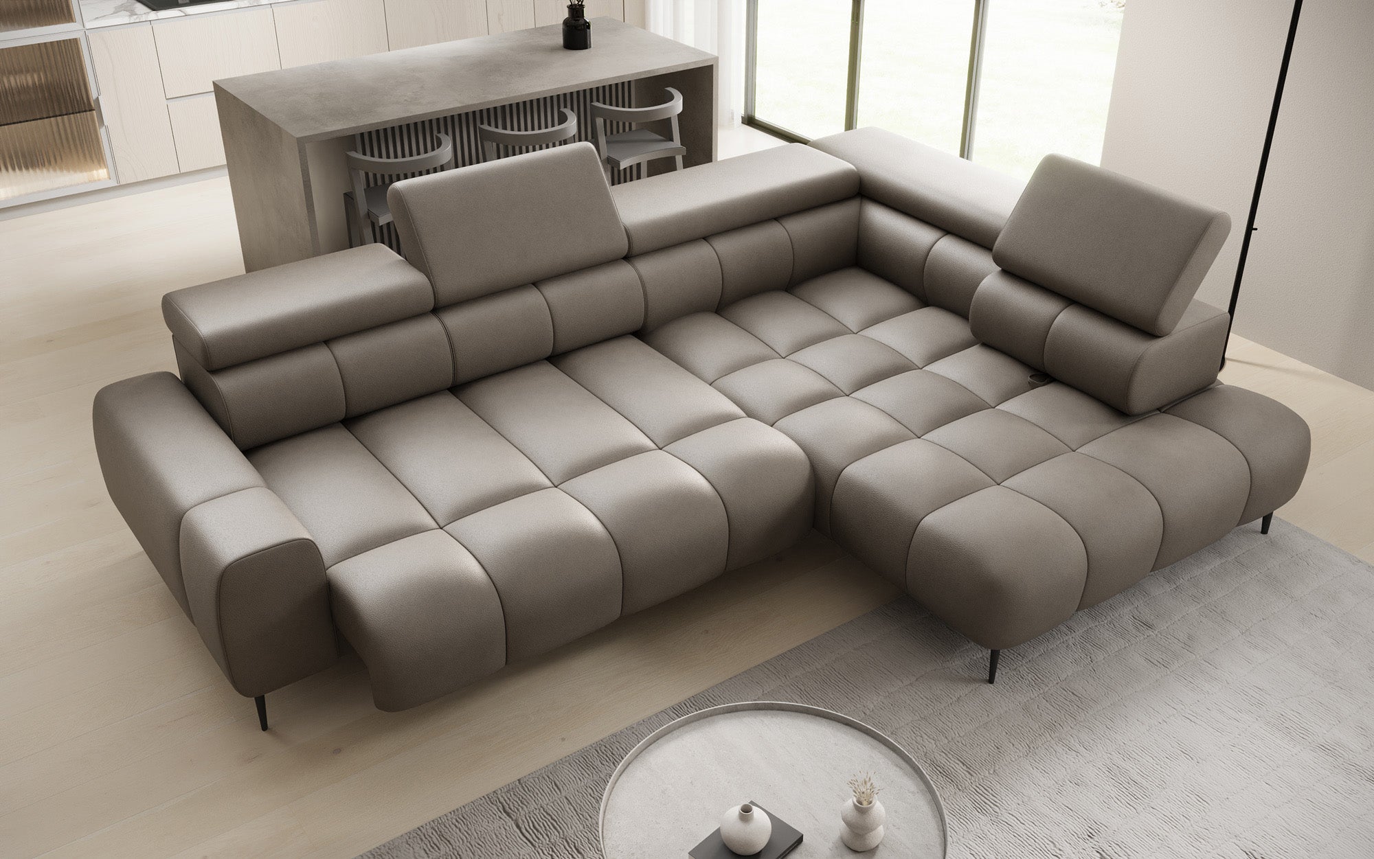 Designer Sofa Ceora L mat elektrescher Schloffunktioun an verstellbarer Récklehne a Echtläder