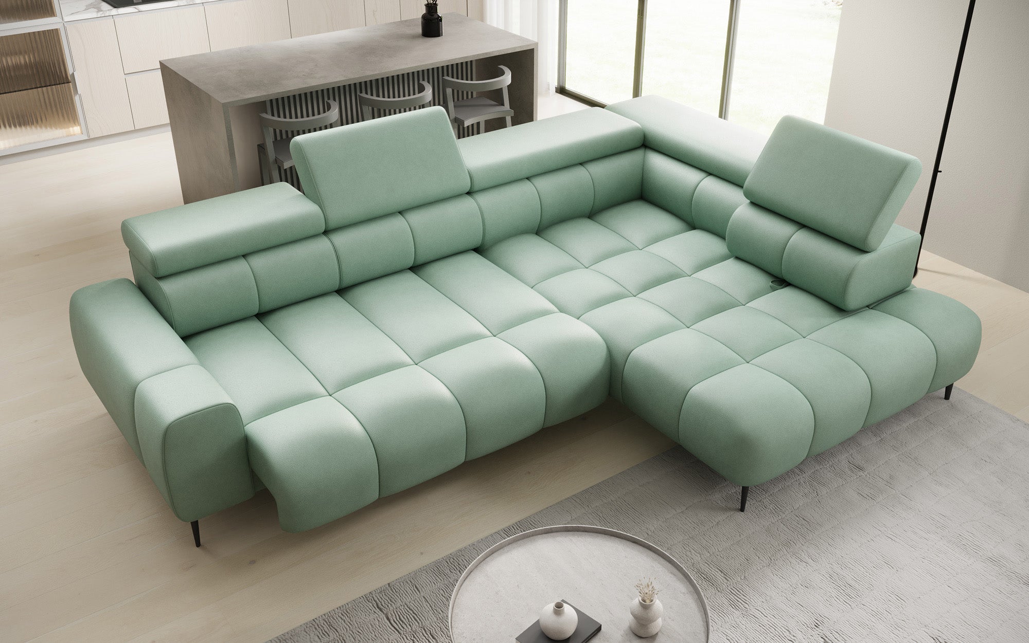 Designer Sofa Ceora L mat elektrescher Schloffunktioun an verstellbarer Récklehne a Echtläder