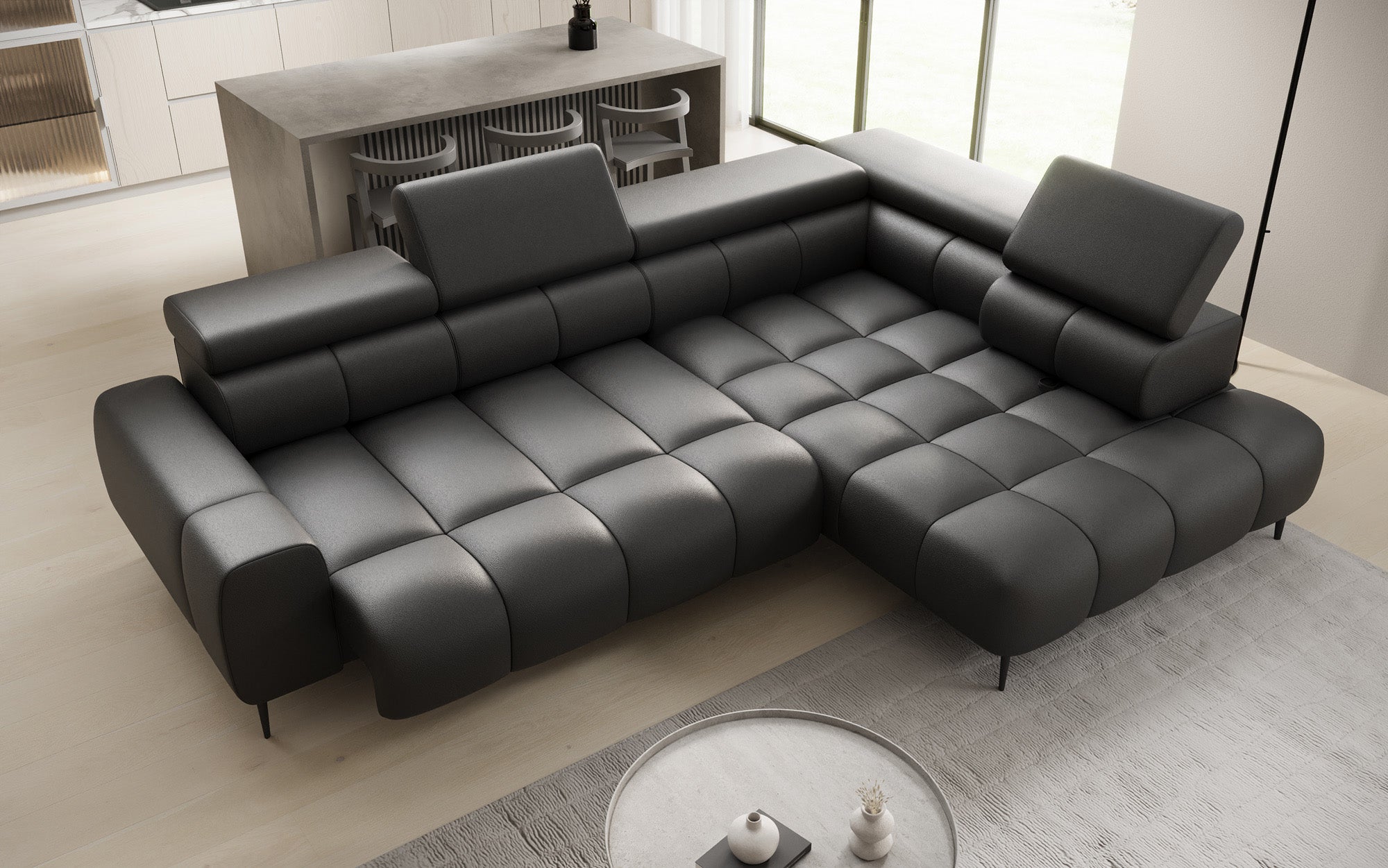 Designer Sofa Ceora L mat elektrescher Schloffunktioun an verstellbarer Récklehne a Echtläder