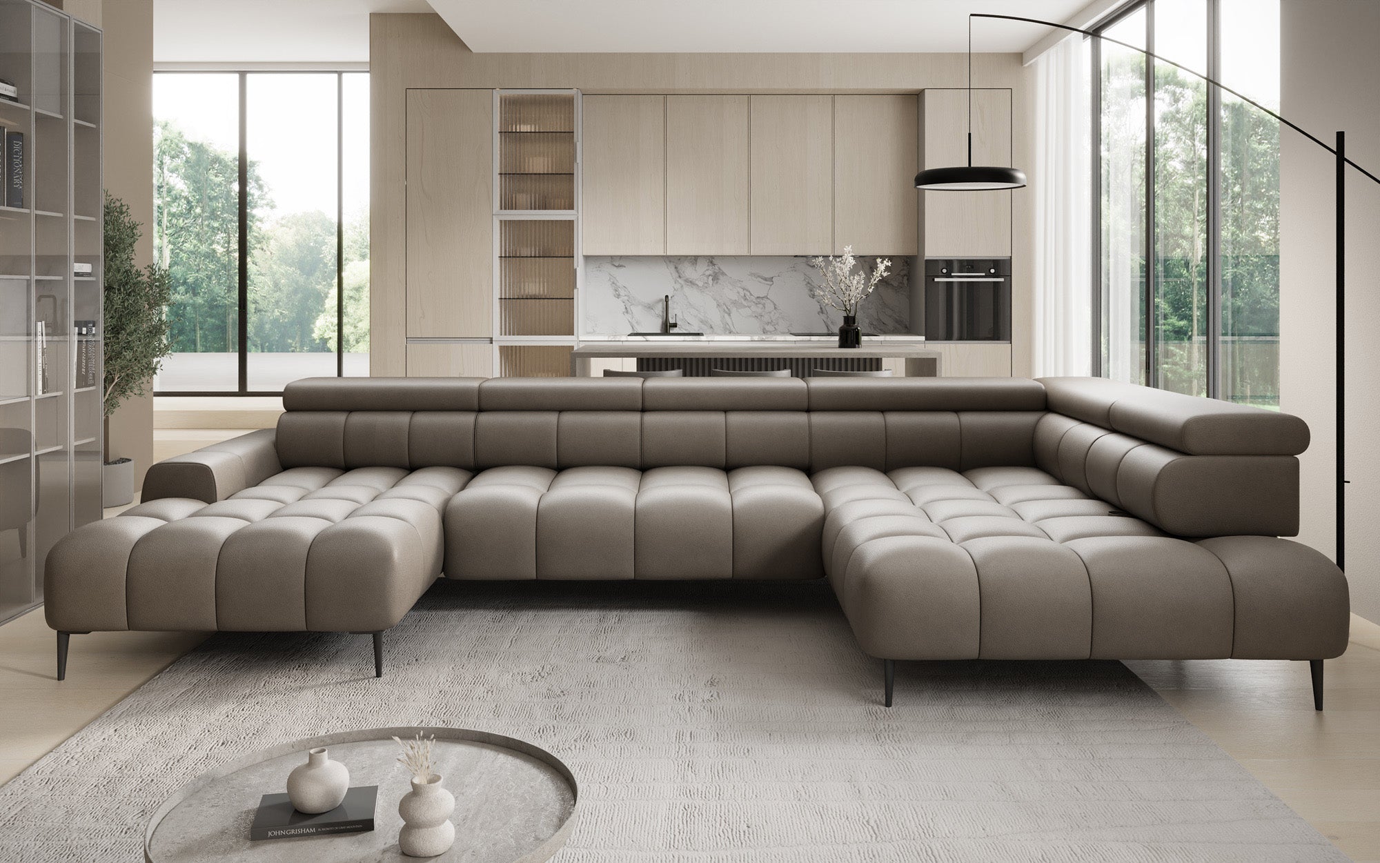 Designer Sofa Ceora U mat elektrescher Schloffunktioun an verstellbarer Récklehne aus Echtläder