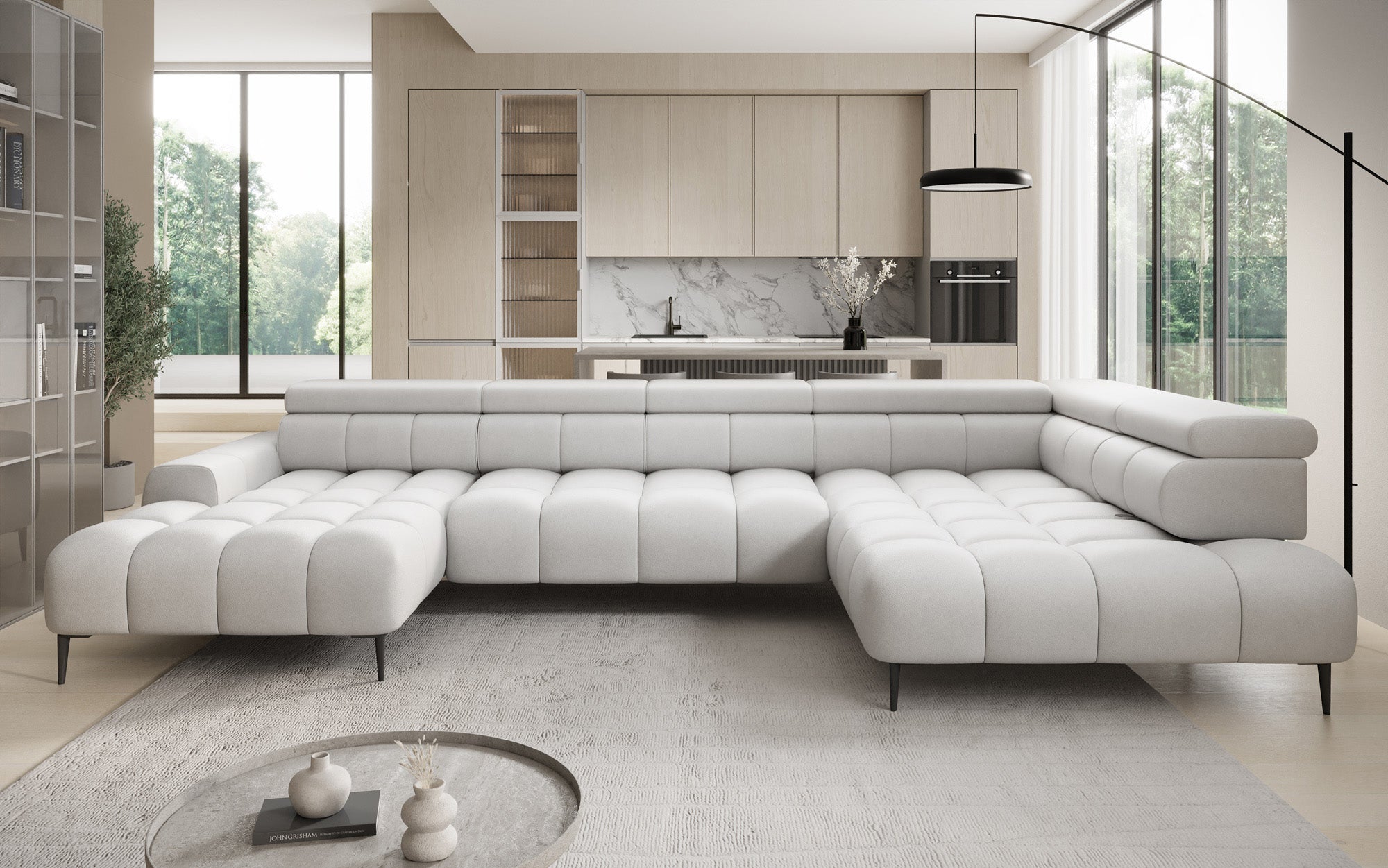 Designer Sofa Ceora U mat elektrescher Schloffunktioun an verstellbarer Récklehne aus Echtläder