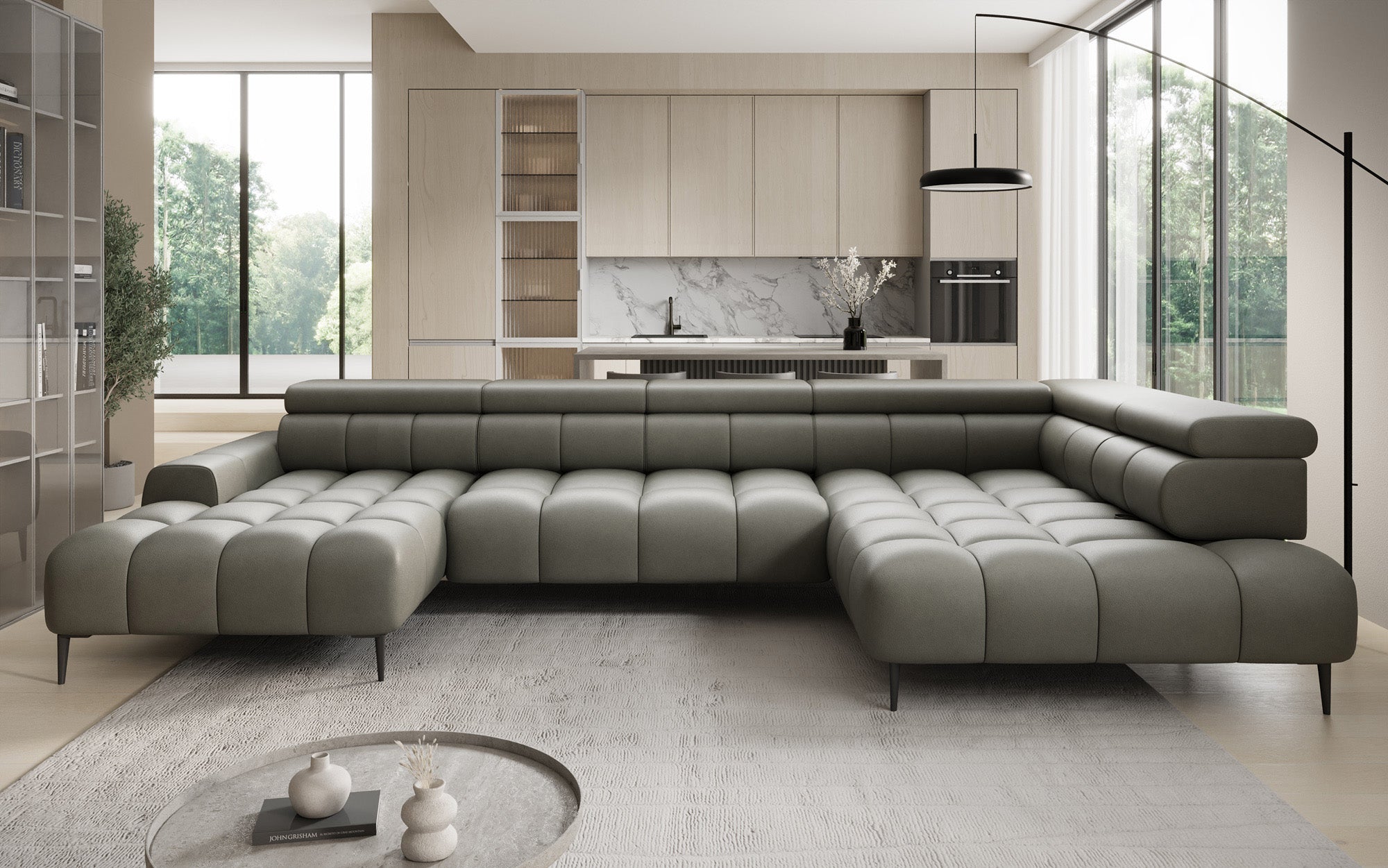 Designer Sofa Ceora U mat elektrescher Schloffunktioun an verstellbarer Récklehne aus Echtläder