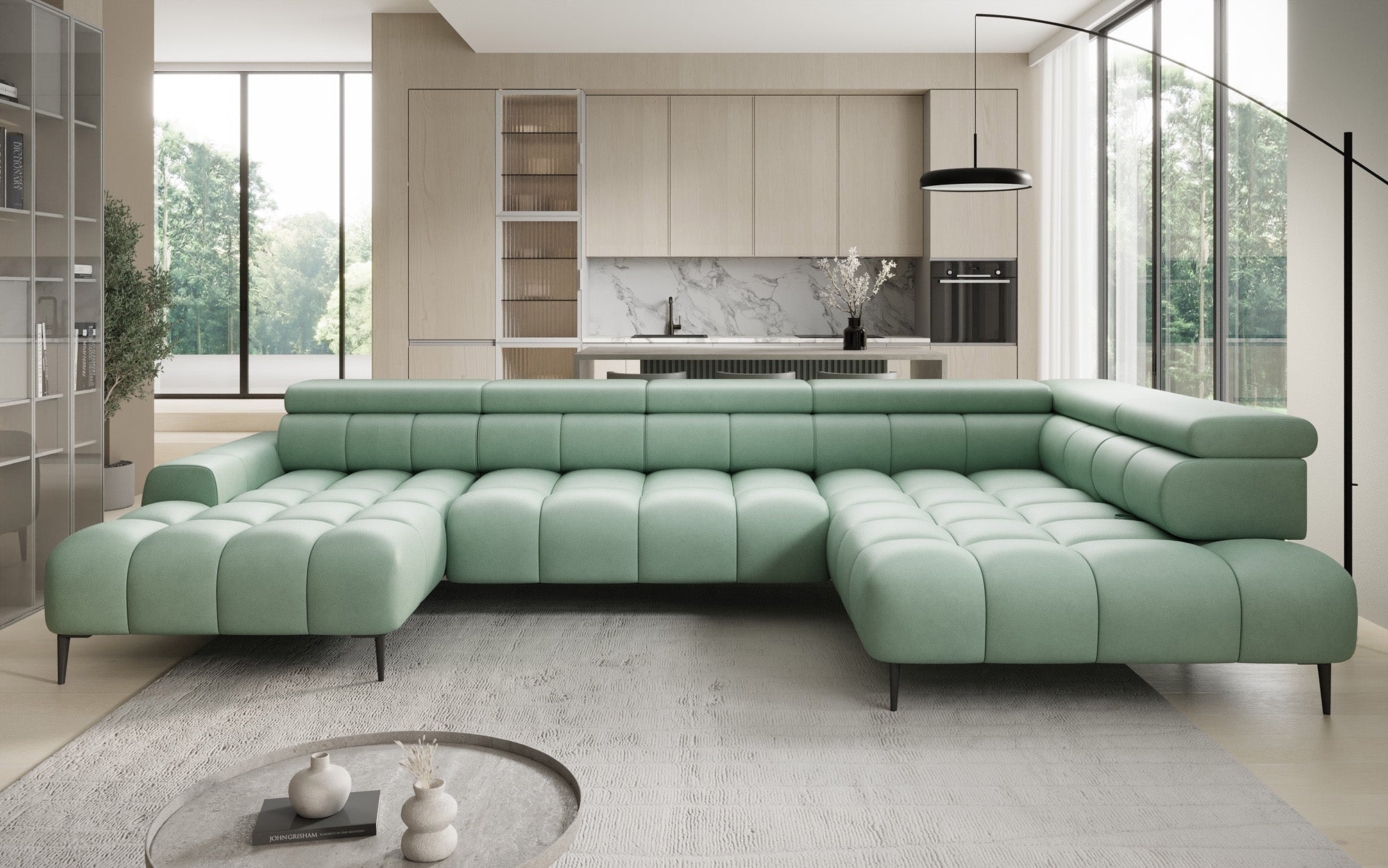 Designer Sofa Ceora U mat elektrescher Schloffunktioun an verstellbarer Récklehne aus Echtläder
