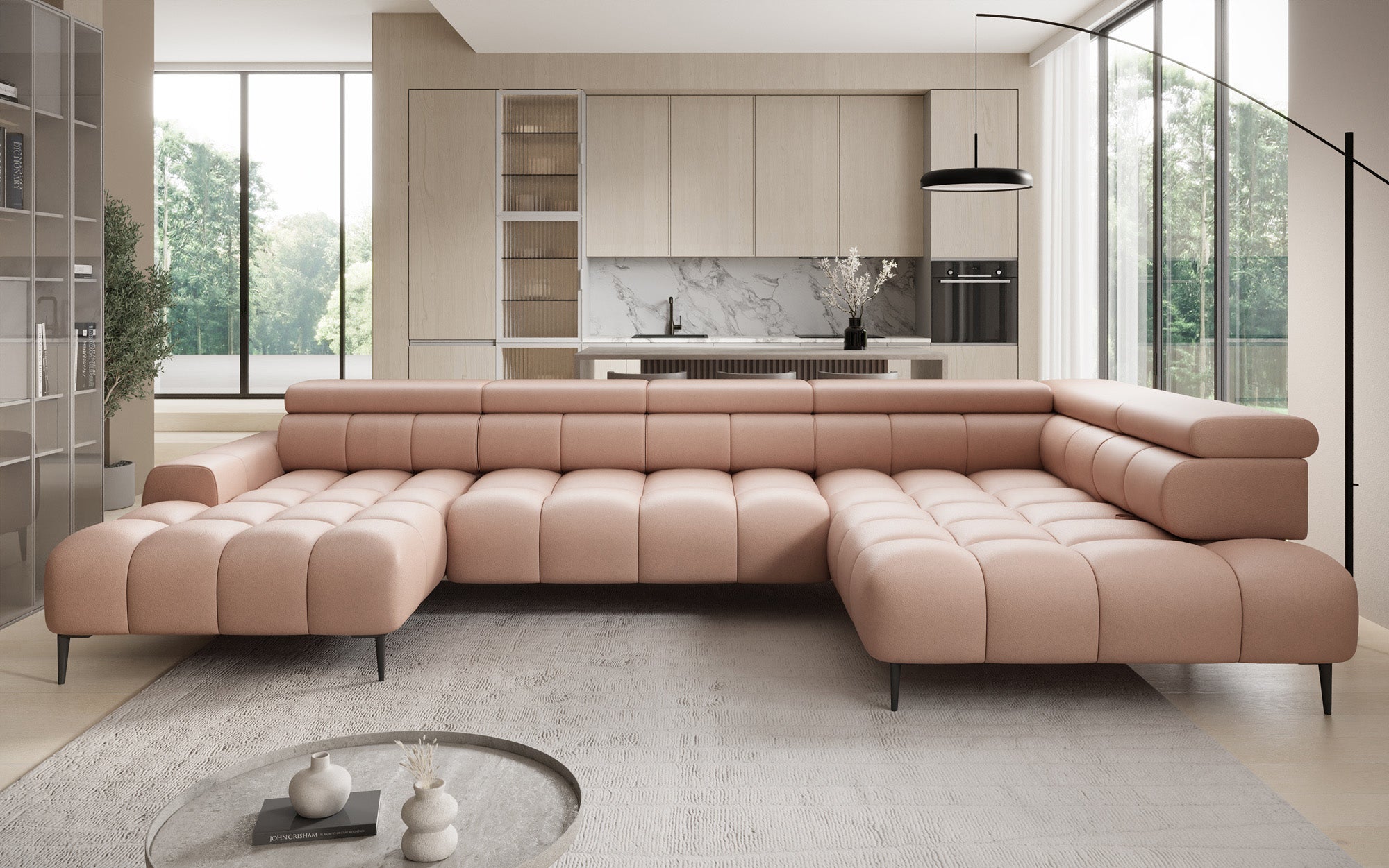 Designer Sofa Ceora U mat elektrescher Schloffunktioun an verstellbarer Récklehne aus Echtläder