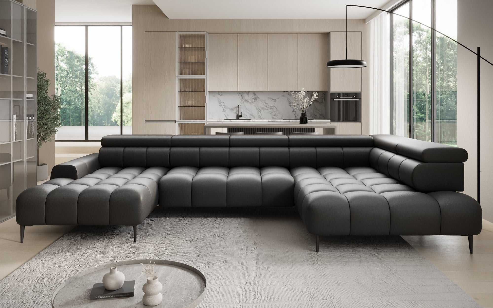 Designer Sofa Ceora U mat elektrescher Schloffunktioun an verstellbarer Récklehne aus Echtläder