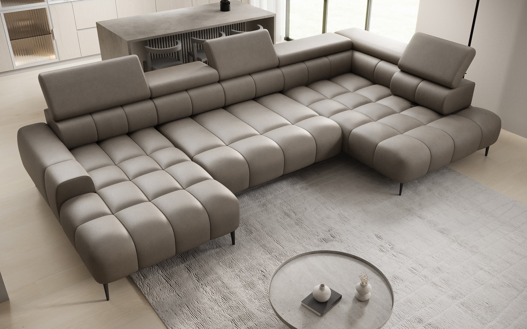 Designer Sofa Ceora U mat elektrescher Schloffunktioun an verstellbarer Récklehne aus Echtläder