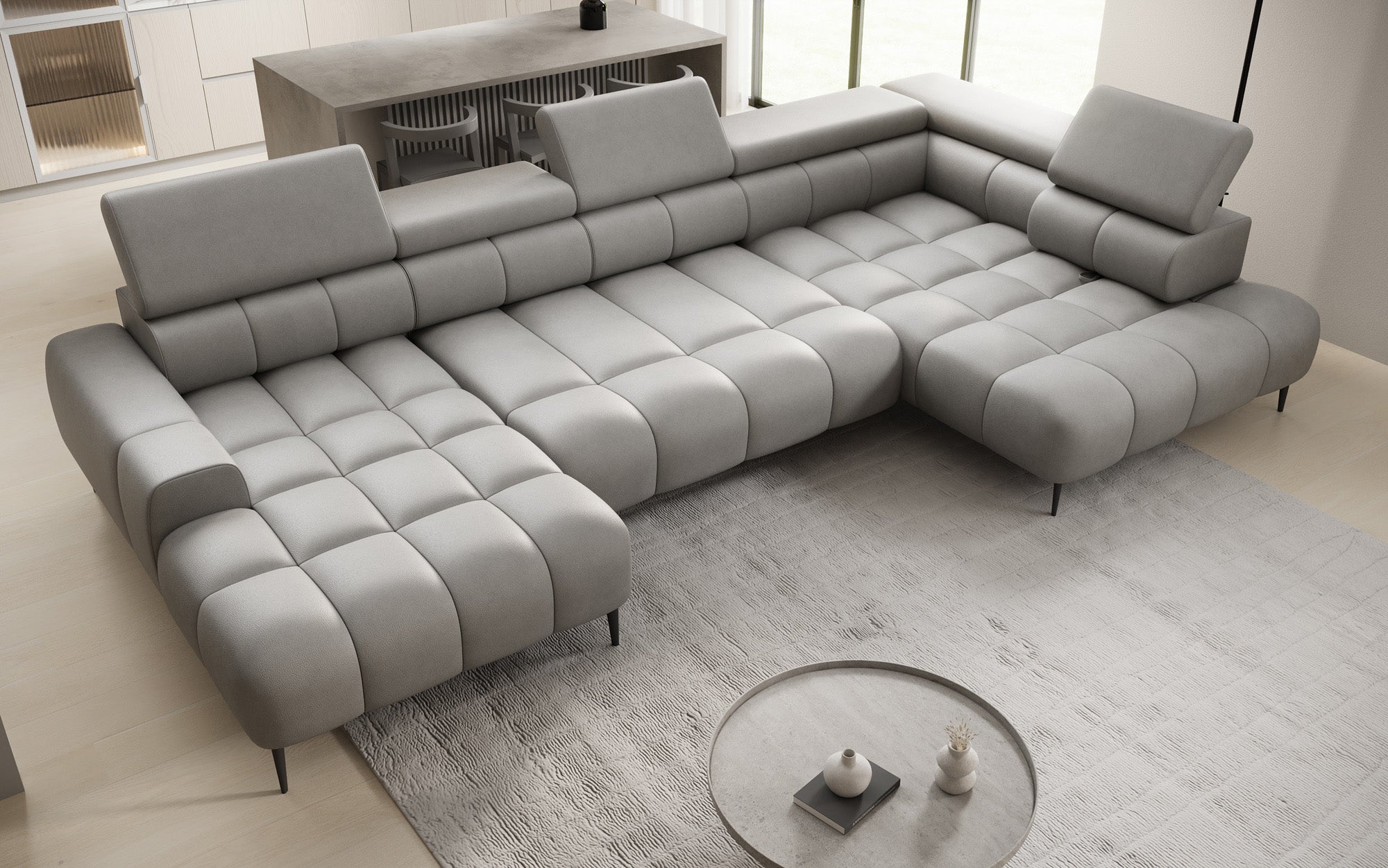 Designer Sofa Ceora U mat elektrescher Schloffunktioun an verstellbarer Récklehne aus Echtläder