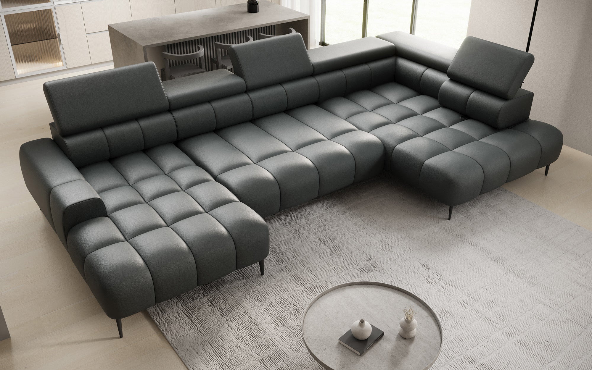 Designer Sofa Ceora U mat elektrescher Schloffunktioun an verstellbarer Récklehne aus Echtläder