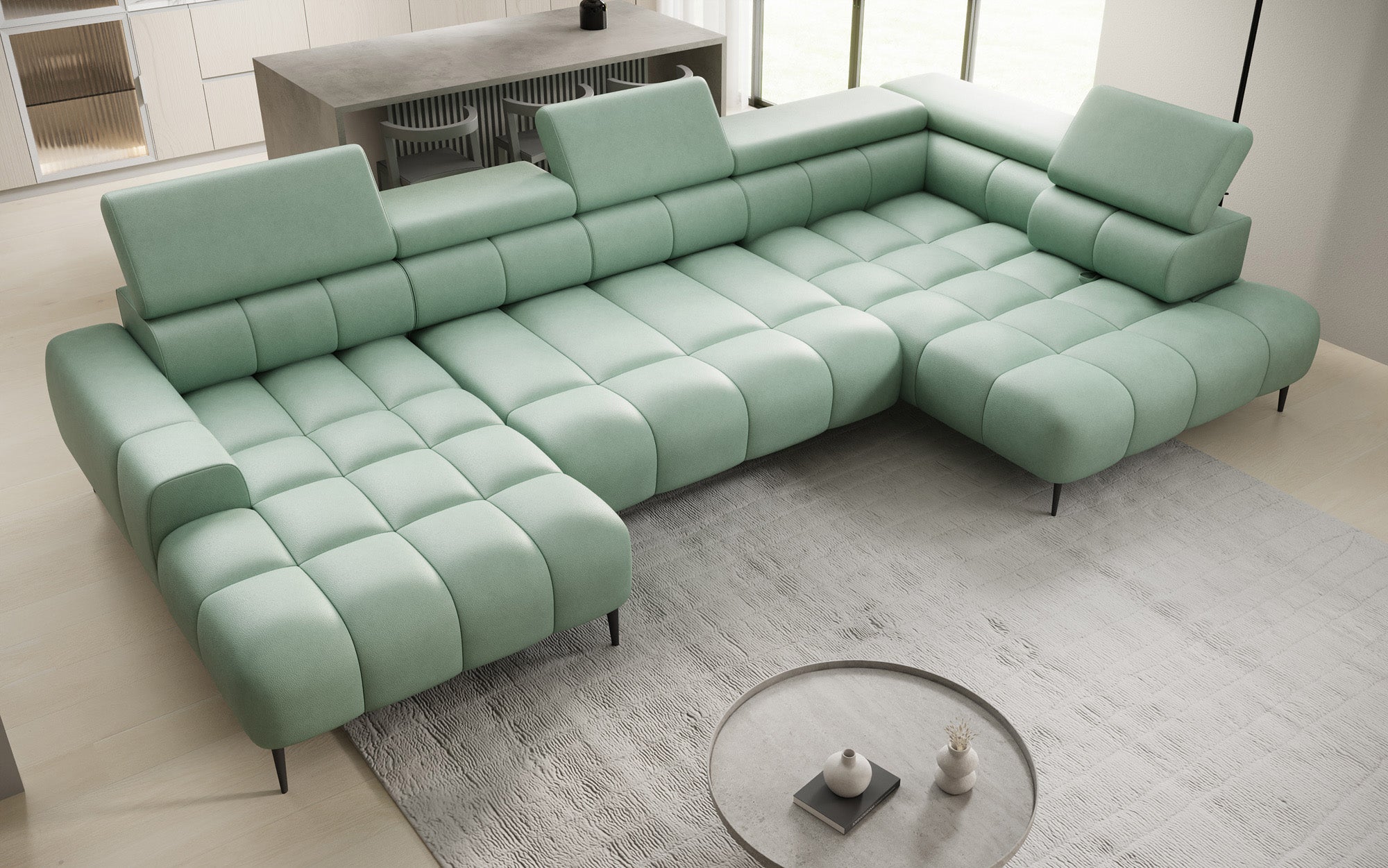 Designer Sofa Ceora U mat elektrescher Schloffunktioun an verstellbarer Récklehne aus Echtläder