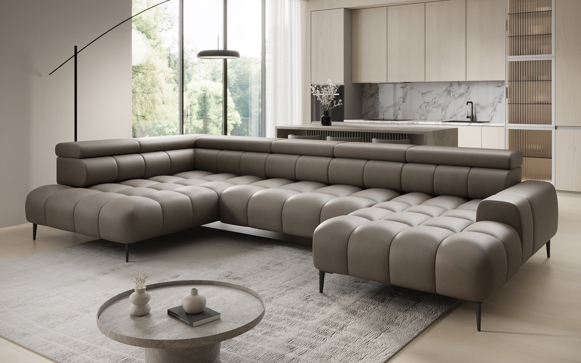Designer Sofa Ceora U mat elektrescher Schloffunktioun an verstellbarer Récklehne aus Echtläder