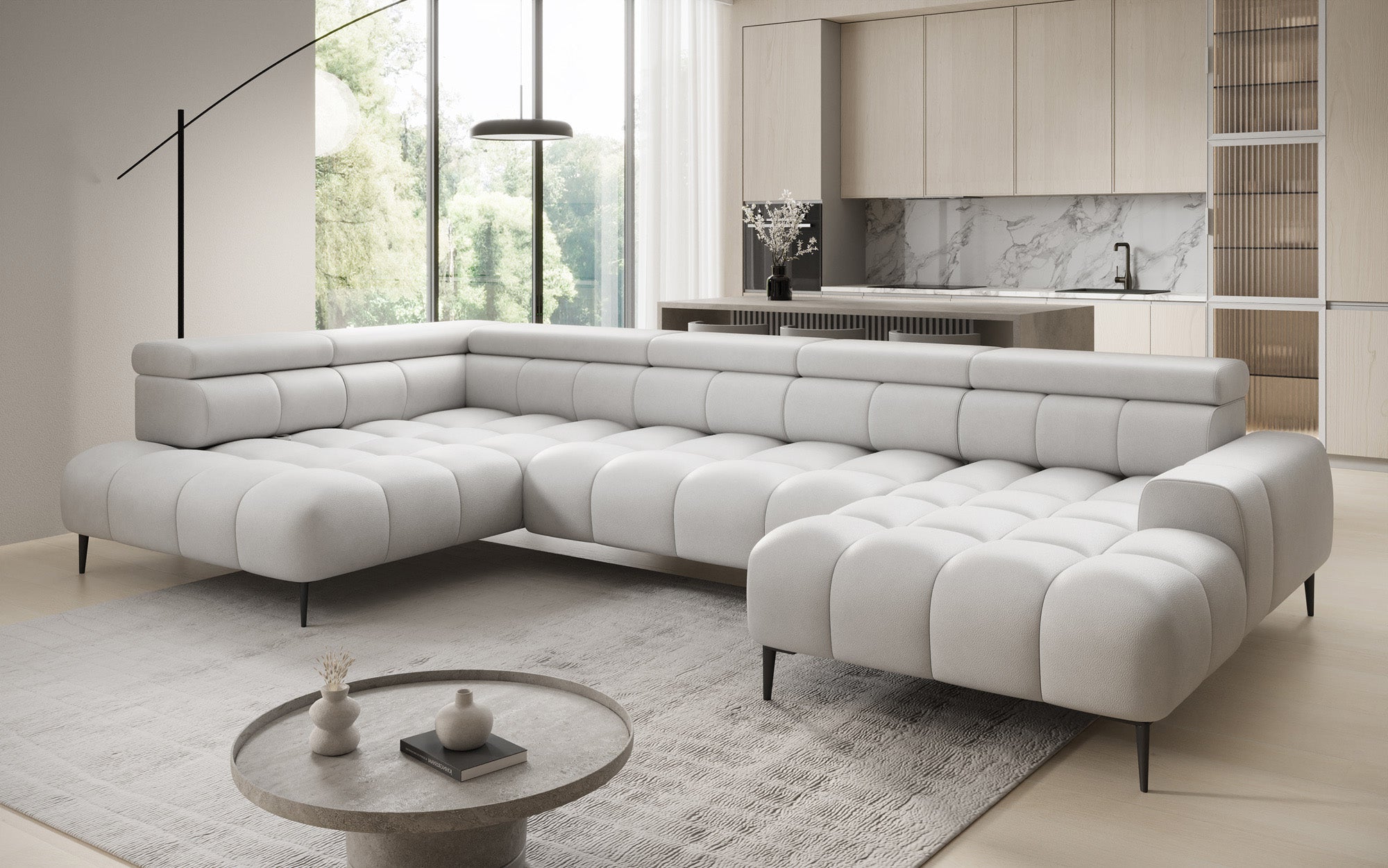 Designer Sofa Ceora U mat elektrescher Schloffunktioun an verstellbarer Récklehne aus Echtläder