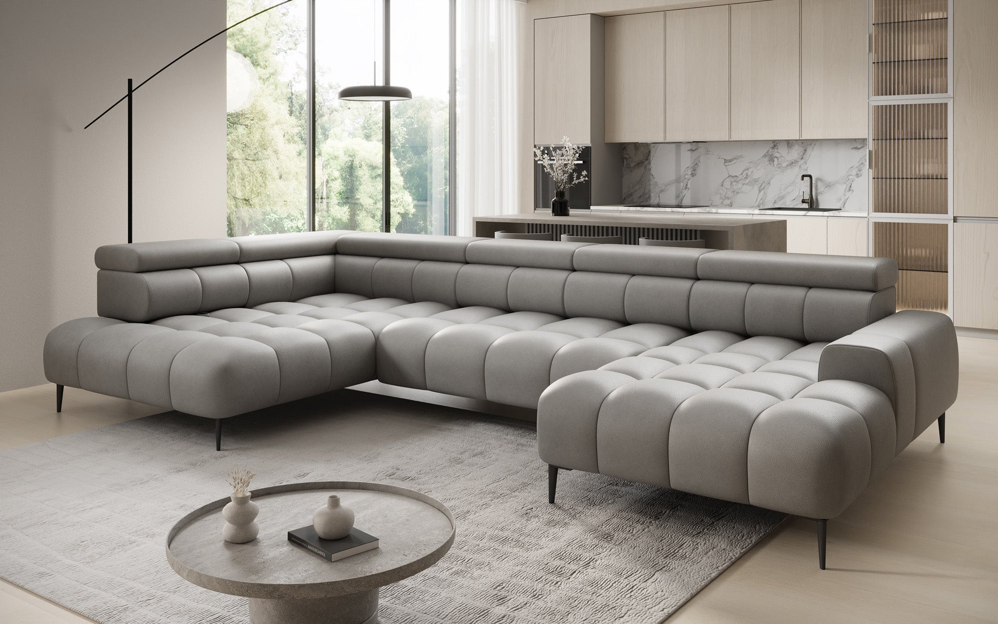 Designer Sofa Ceora U mat elektrescher Schloffunktioun an verstellbarer Récklehne aus Echtläder