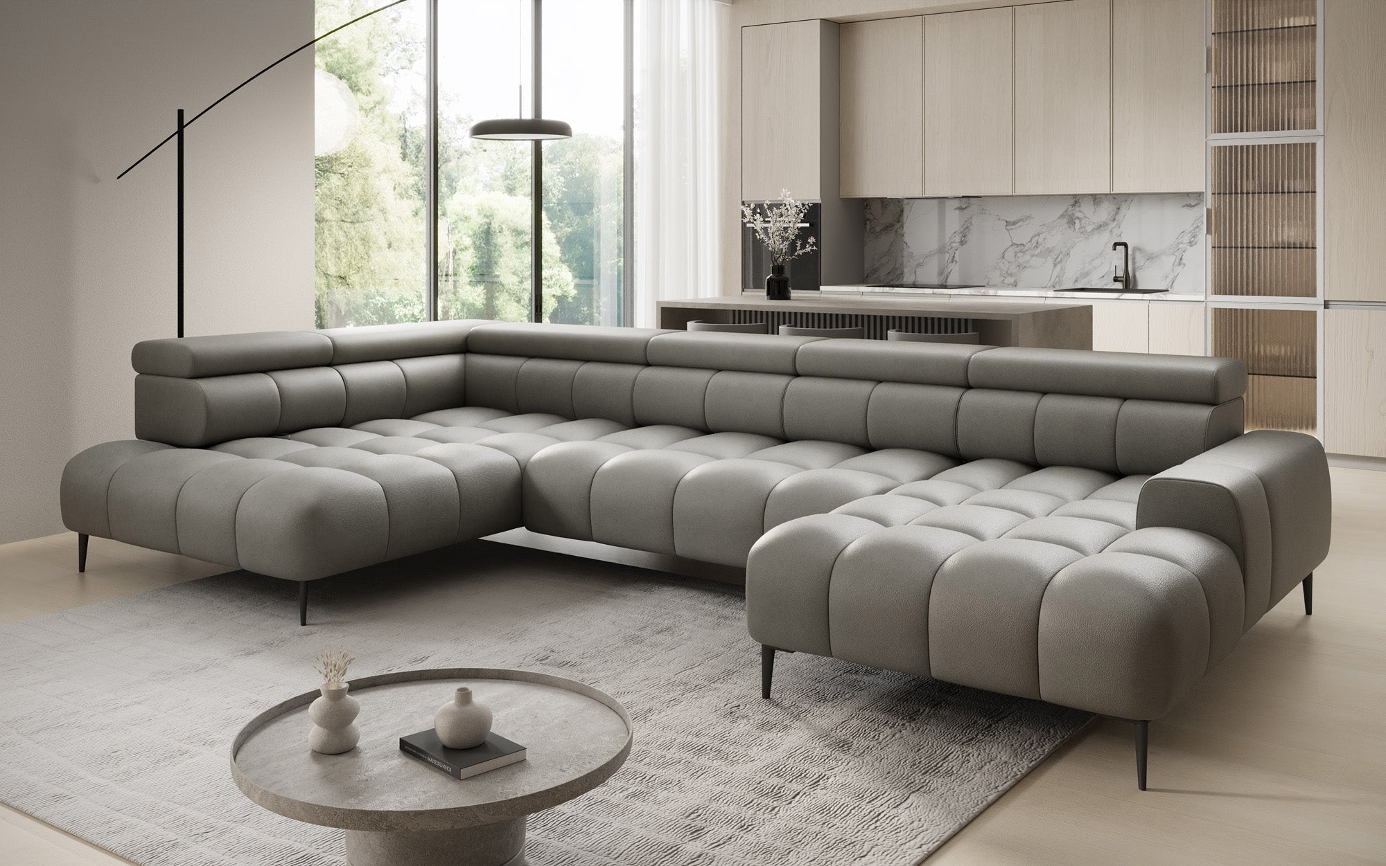 Designer Sofa Ceora U mat elektrescher Schloffunktioun an verstellbarer Récklehne aus Echtläder