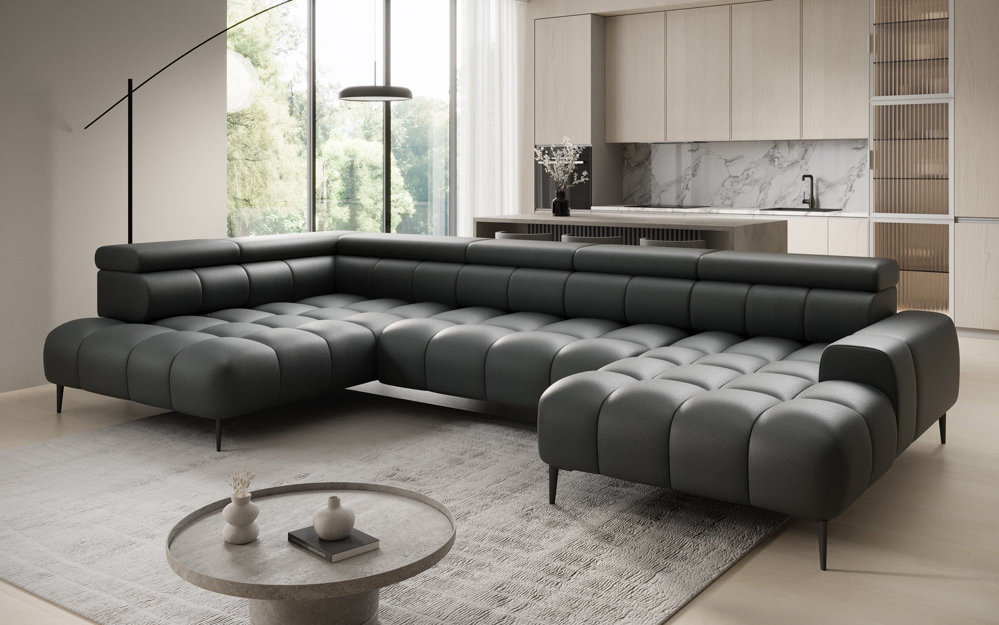 Designer Sofa Ceora U mat elektrescher Schloffunktioun an verstellbarer Récklehne aus Echtläder