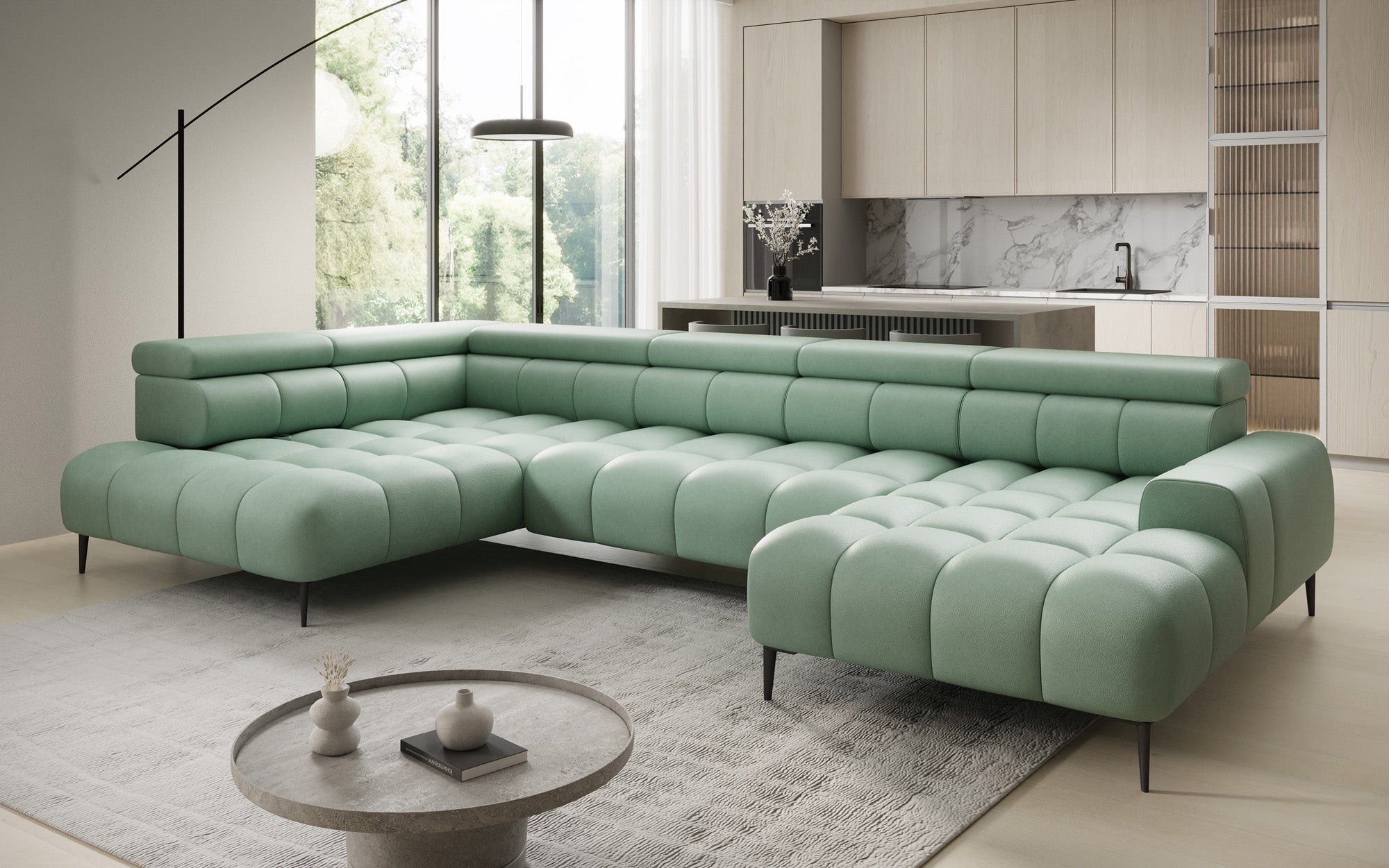 Designer Sofa Ceora U mat elektrescher Schloffunktioun an verstellbarer Récklehne aus Echtläder