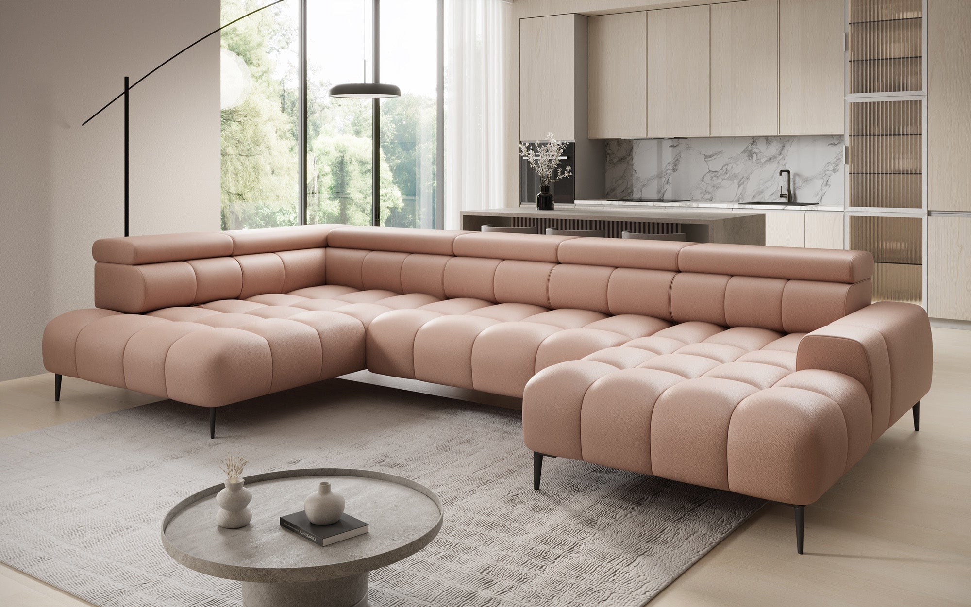 Designer Sofa Ceora U mat elektrescher Schloffunktioun an verstellbarer Récklehne aus Echtläder