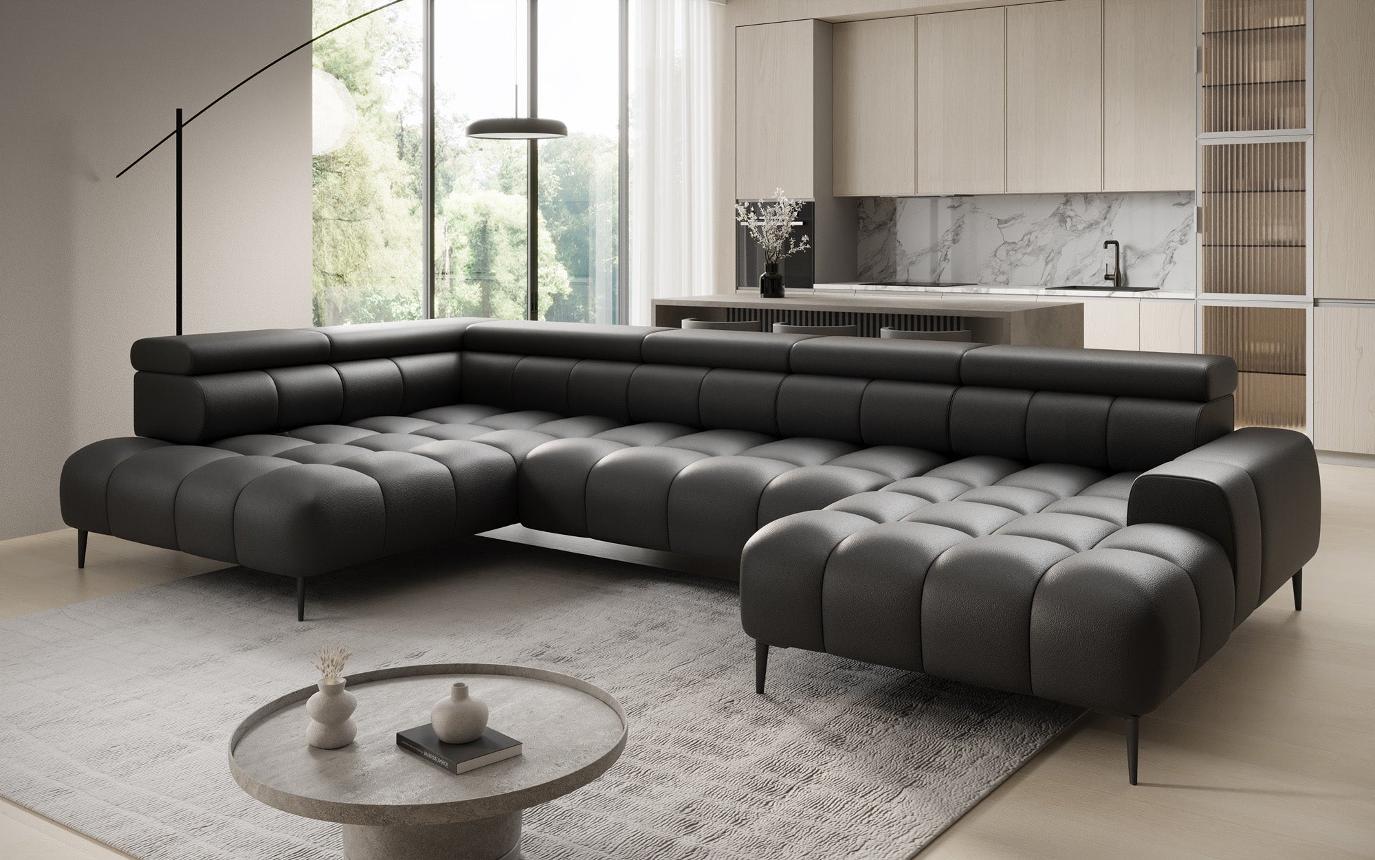 Designer Sofa Ceora U mat elektrescher Schloffunktioun an verstellbarer Récklehne aus Echtläder