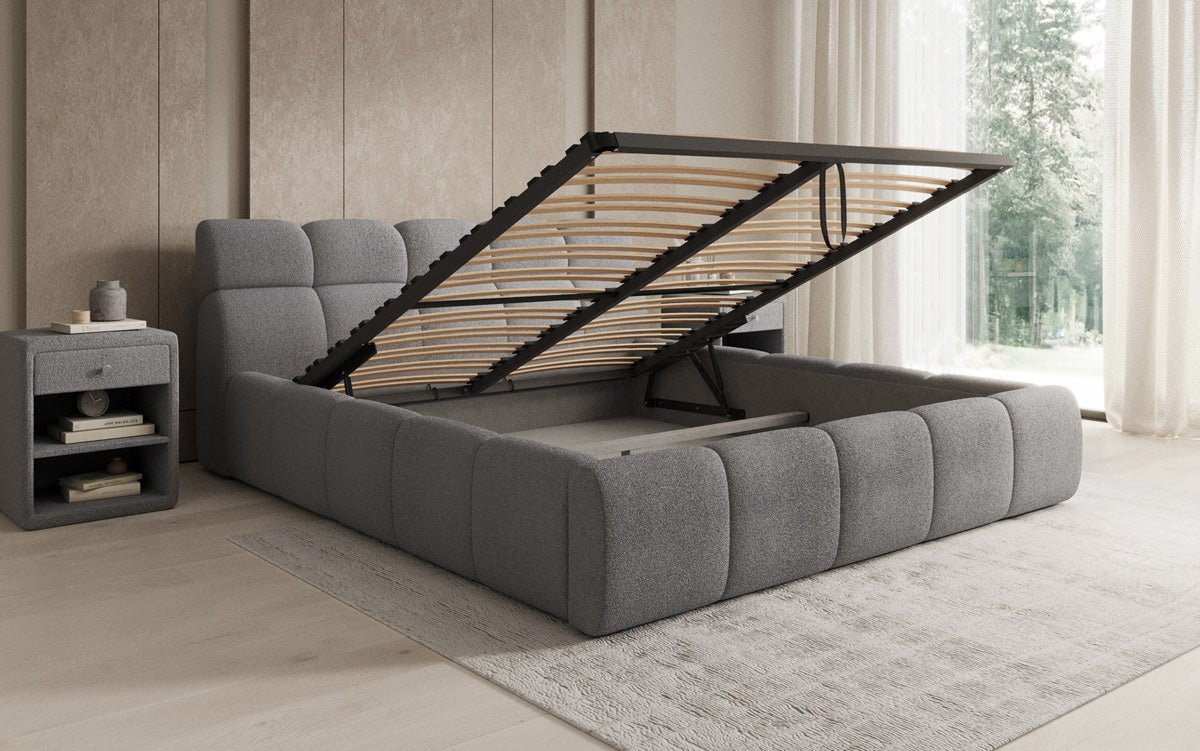 Designer Polsterbett Dallas Bouclé mat Stauraum