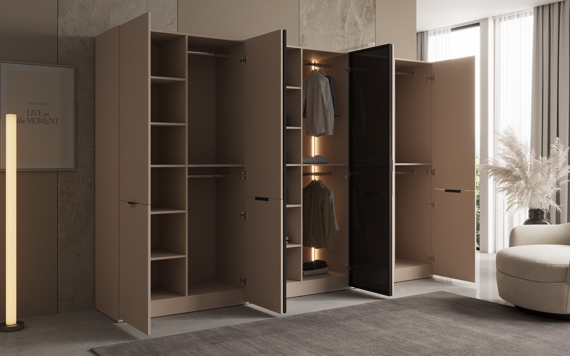 Modulo Sano – Modularer Kleiderschrank mit Glas- und Strukturfront