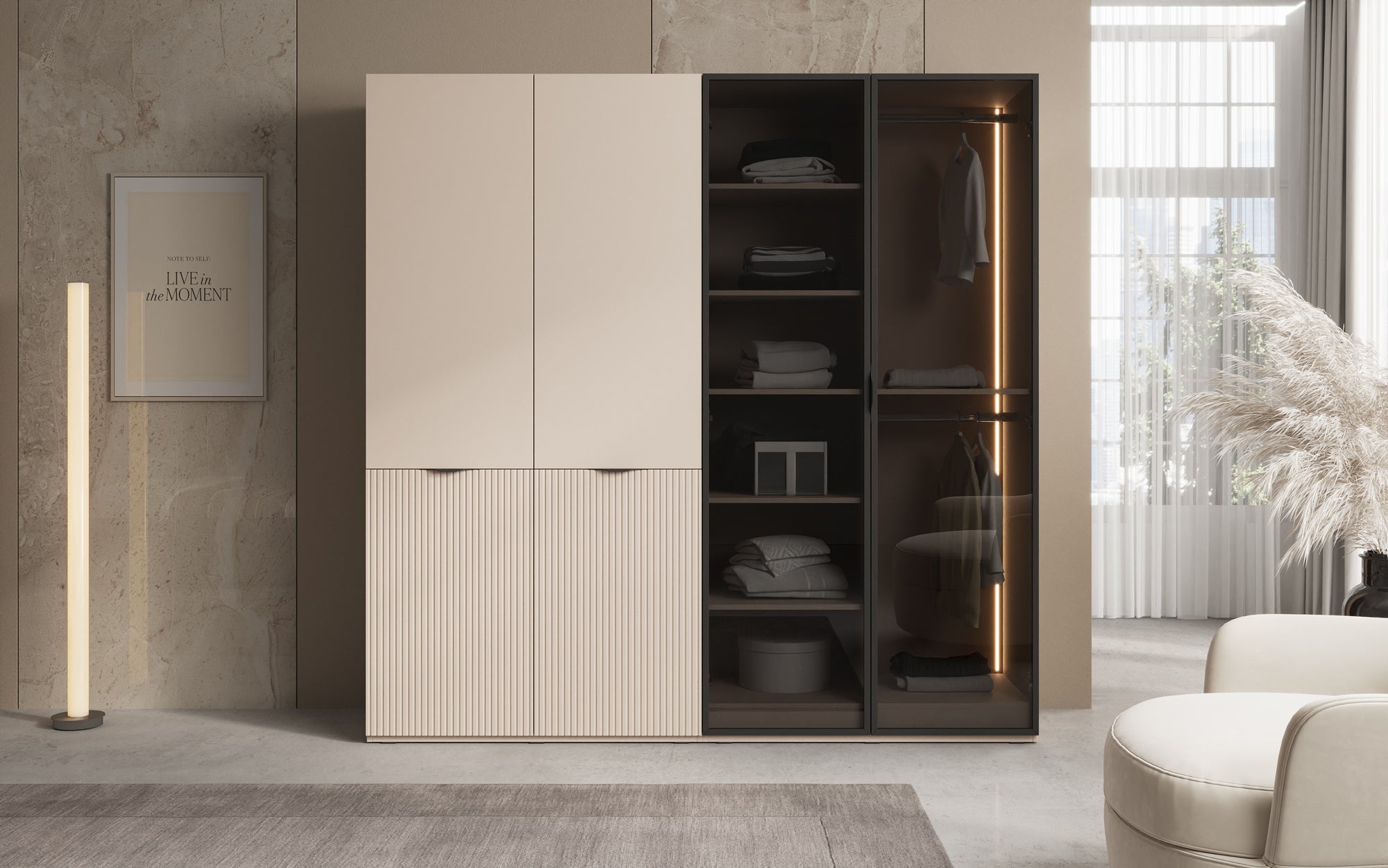 Modulo Nero – Modularen Kleederschaf mat Glas- a Strukturfront