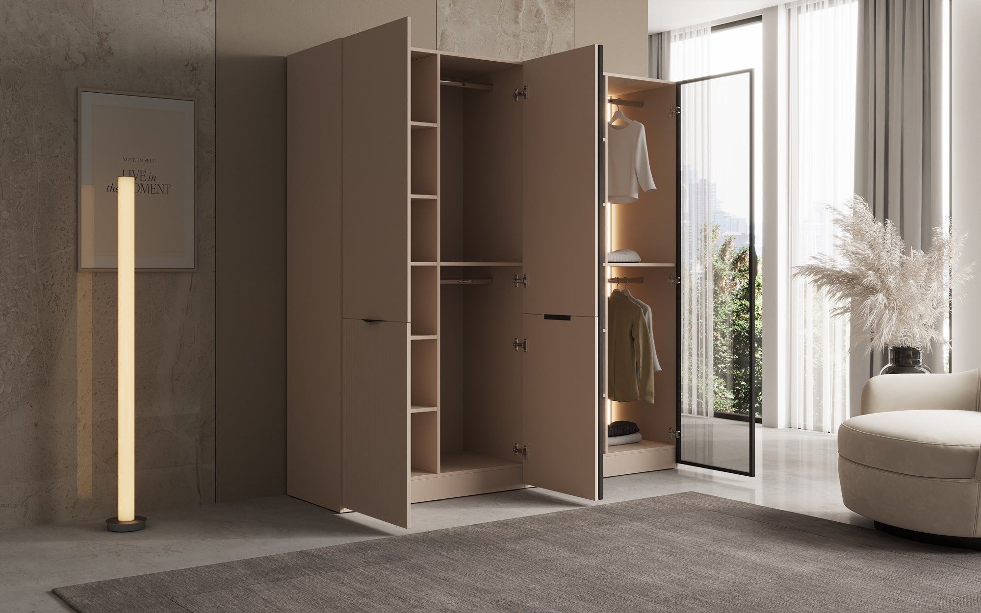 Modulo Nero – Modularen Kleederschaf mat Glas- a Strukturfront