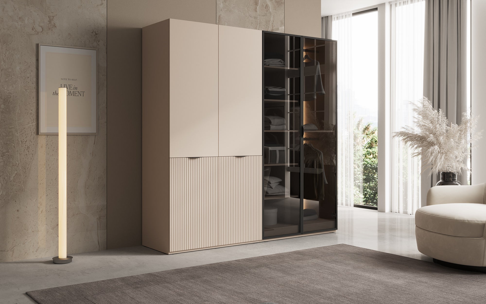 Modulo Nero – Modularen Kleederschaf mat Glas- a Strukturfront