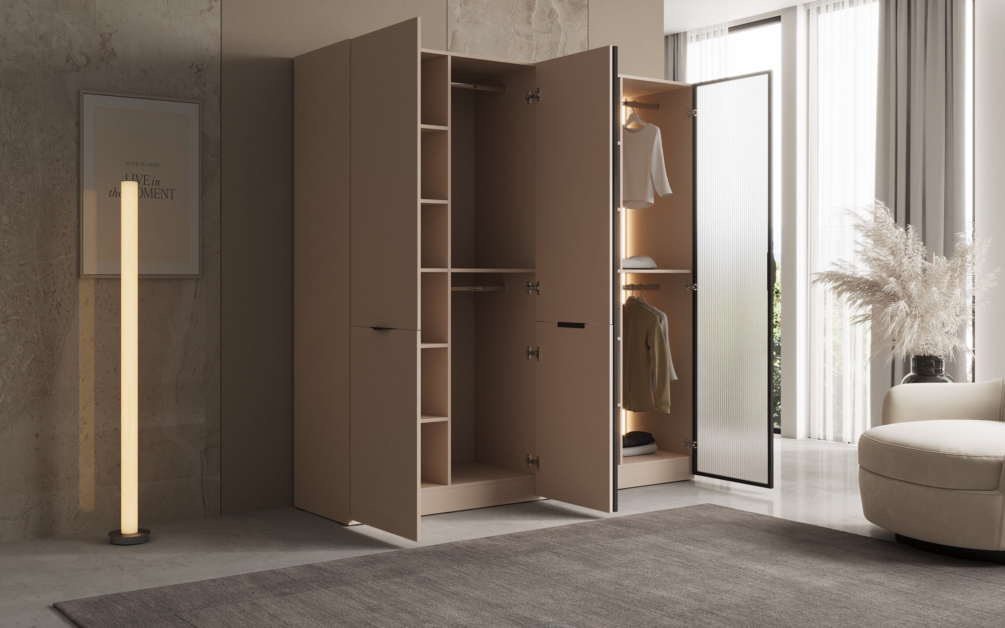 Modulo Ravo – Modularer Kleiderschrank mit geriffelter Glasfront und Strukturpaneel