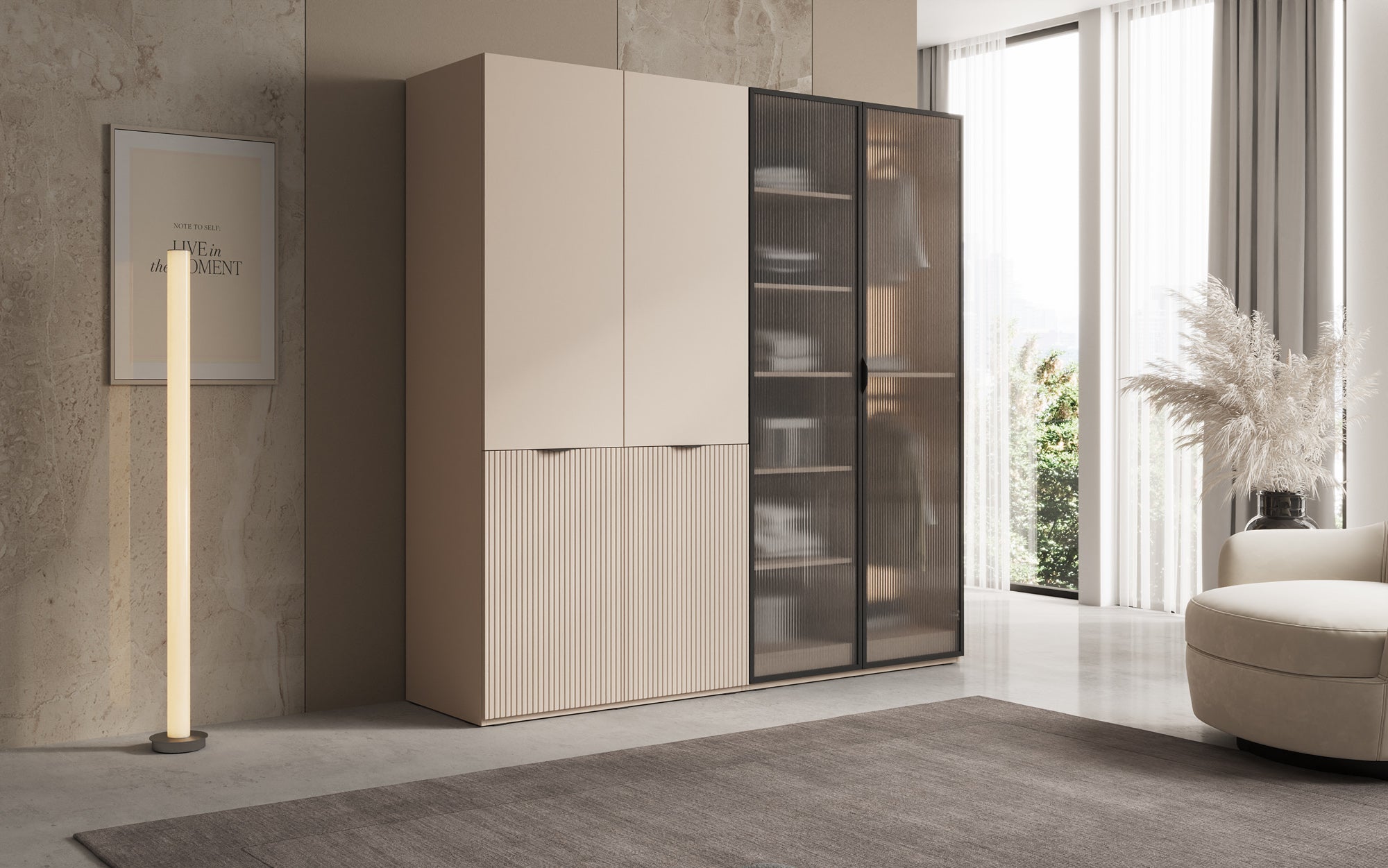 Modulo Ravo – Modularer Kleiderschrank mit geriffelter Glasfront und Strukturpaneel