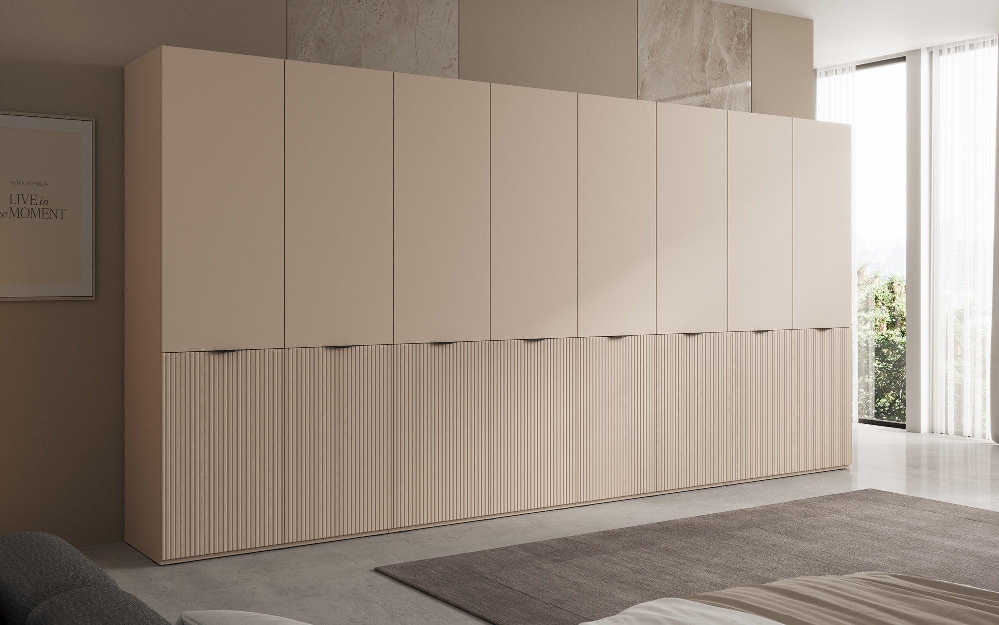 Modulo Faro XL – Véiermodulëge Design-Kleederschaf mat strukturéierter MDF-Front