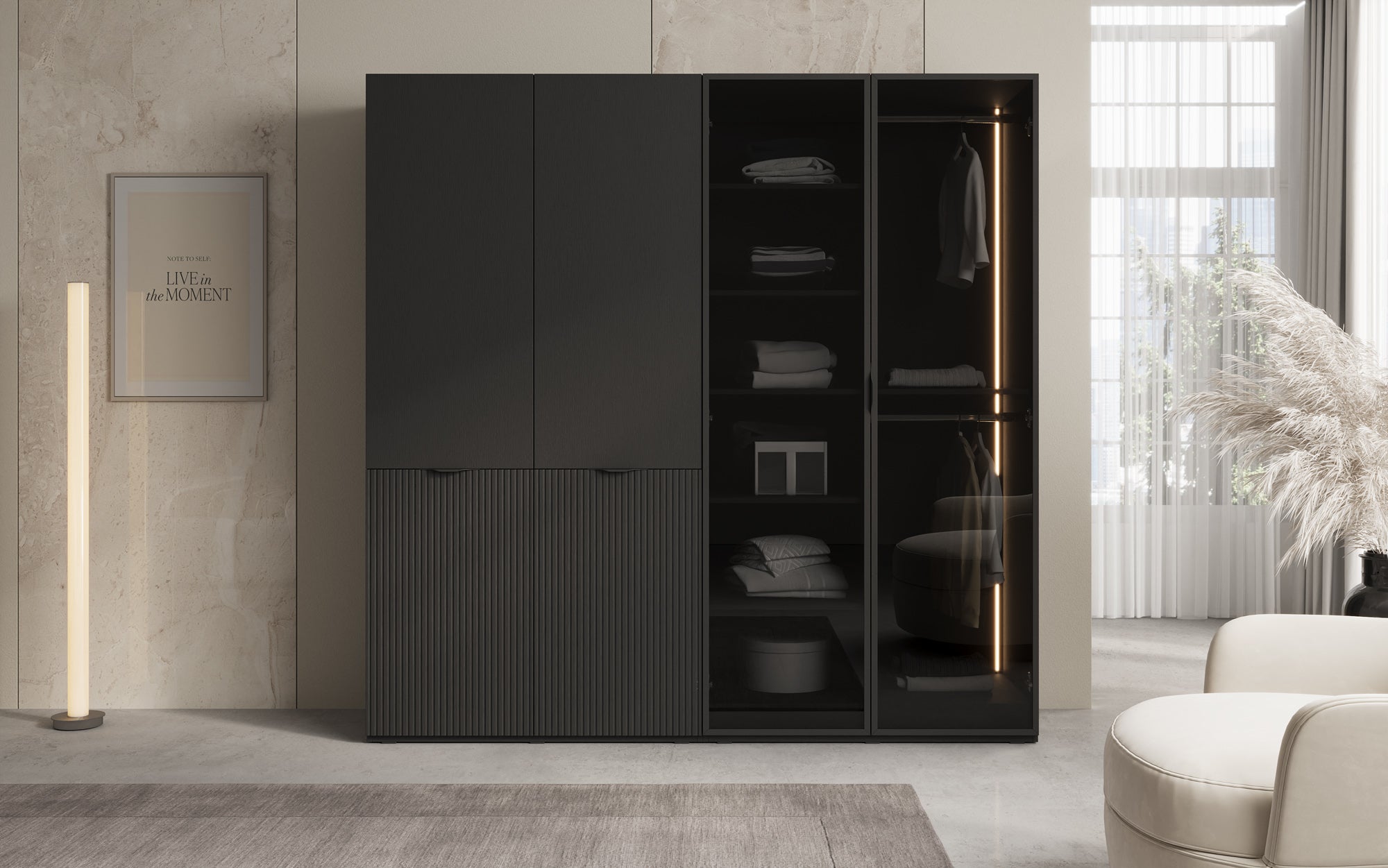 Modulo Nero – Modularen Kleederschaf mat Glas- a Strukturfront