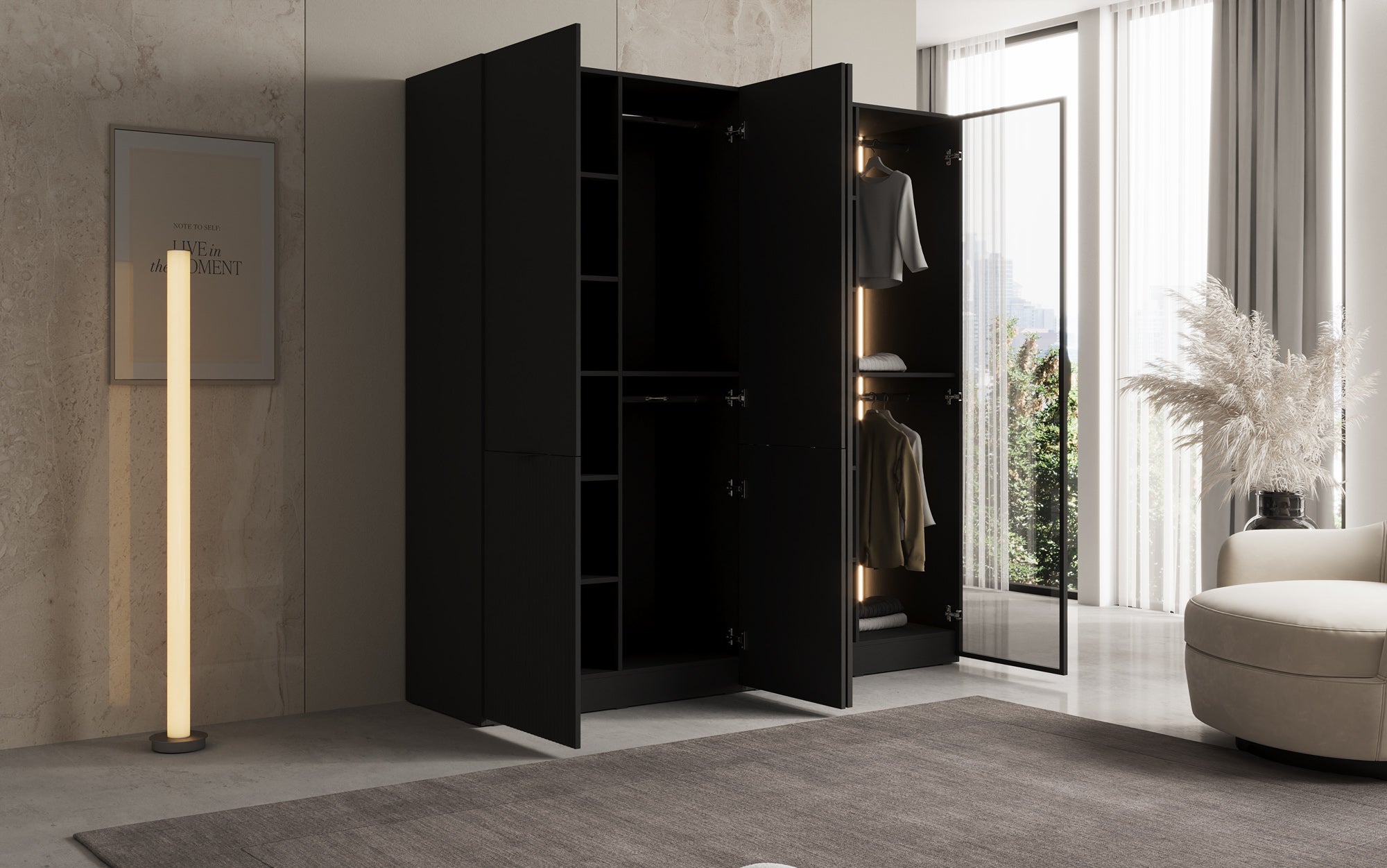 Modulo Nero – Modularen Kleederschaf mat Glas- a Strukturfront