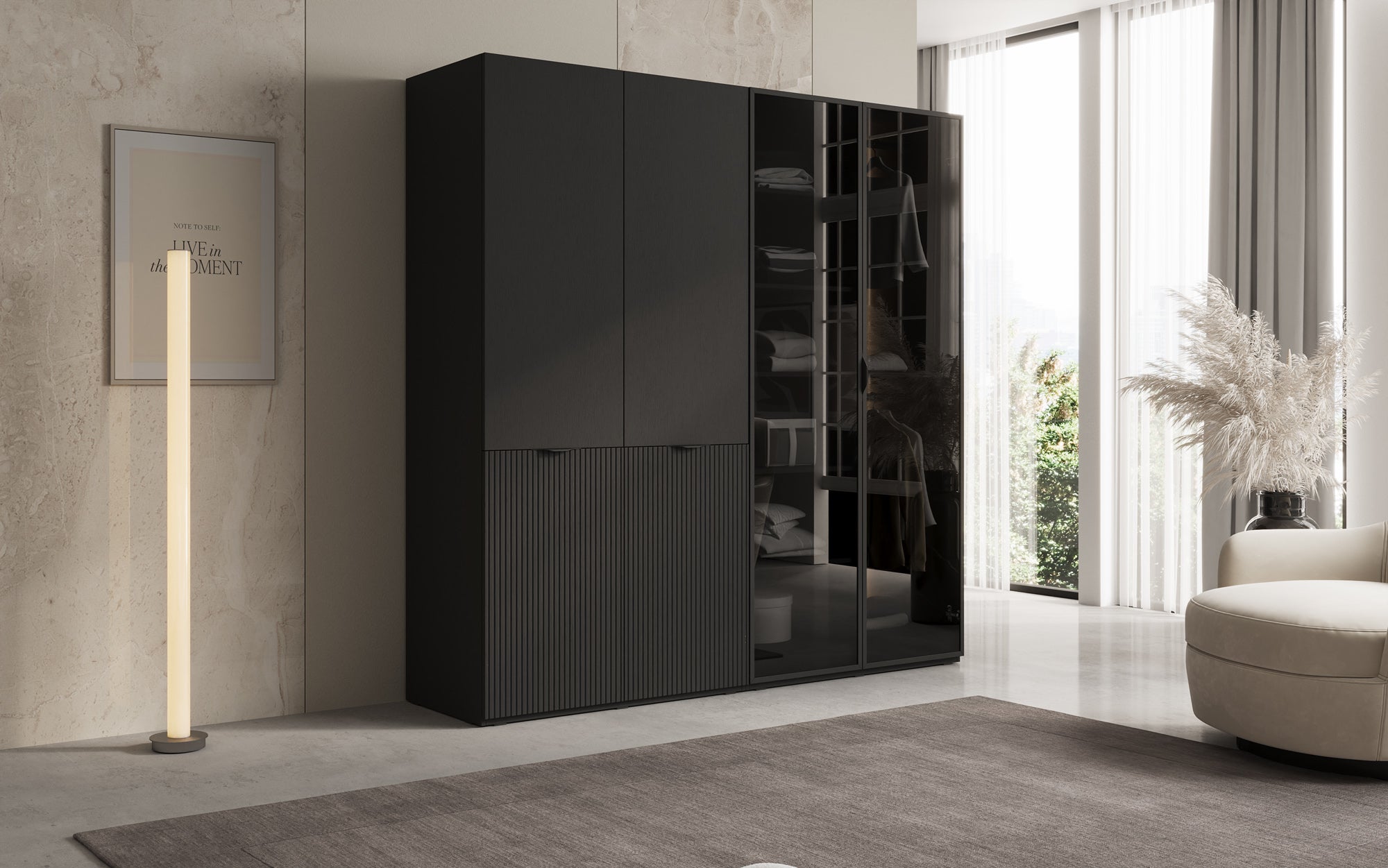 Modulo Nero – Modularer Kleiderschrank mit Glas- und Strukturfront