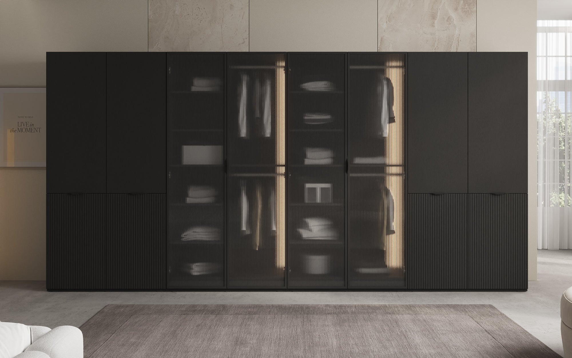 Modulo Rivon – Modularer Design-Kleiderschrank mit geriffelter Glasfront und Strukturpaneelen