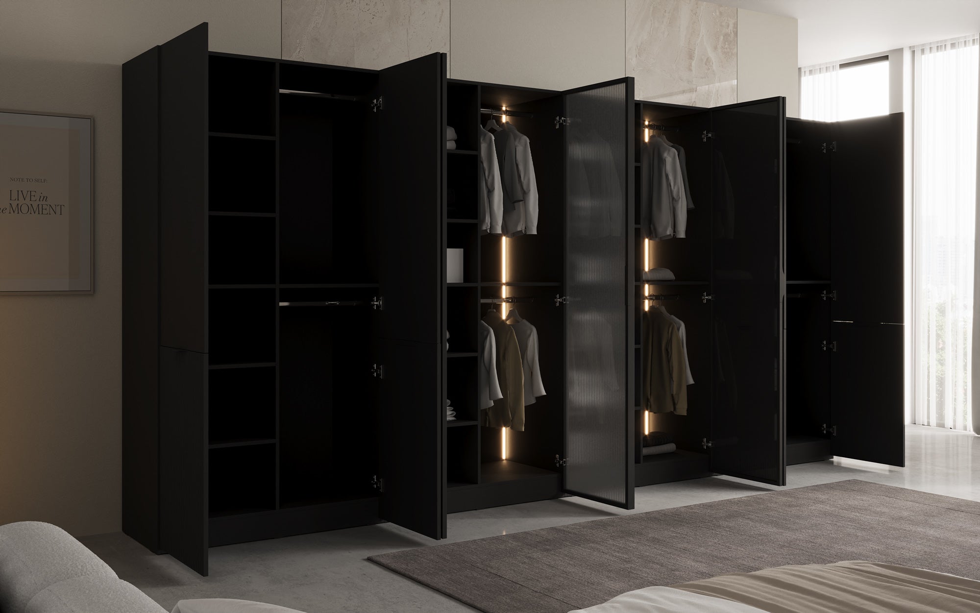 Modulo Rivon – Modularer Design-Kleiderschrank mit geriffelter Glasfront und Strukturpaneelen