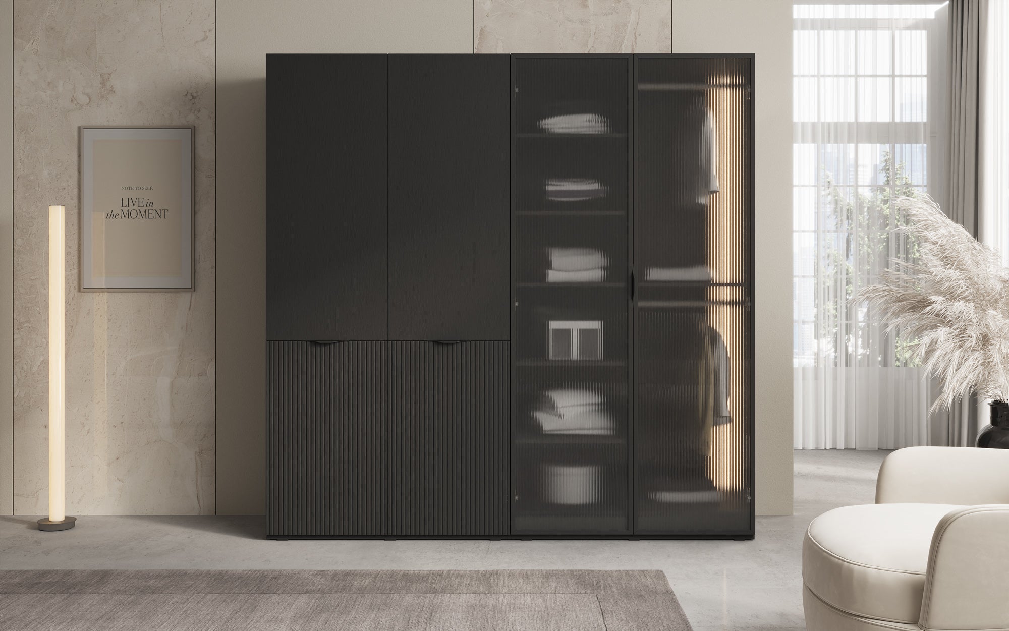 Modulo Ravo – Modularer Kleiderschrank mit geriffelter Glasfront und Strukturpaneel