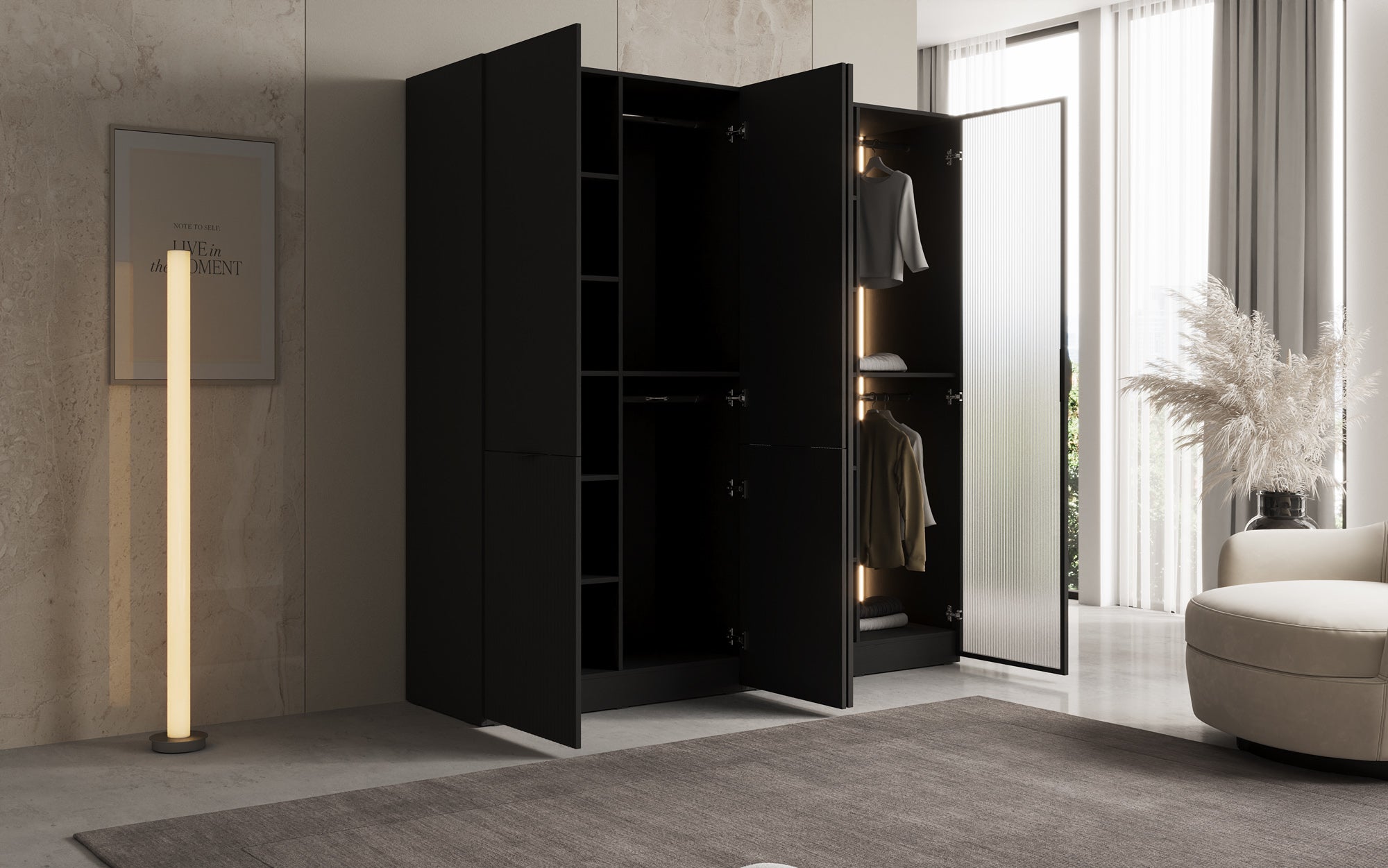 Modulo Ravo – Modularer Kleiderschrank mit geriffelter Glasfront und Strukturpaneel