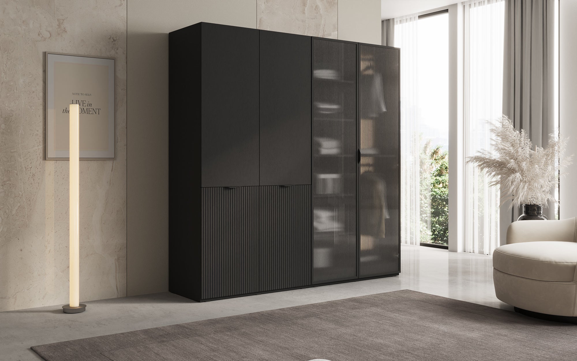 Modulo Ravo – Modularer Kleiderschrank mit geriffelter Glasfront und Strukturpaneel