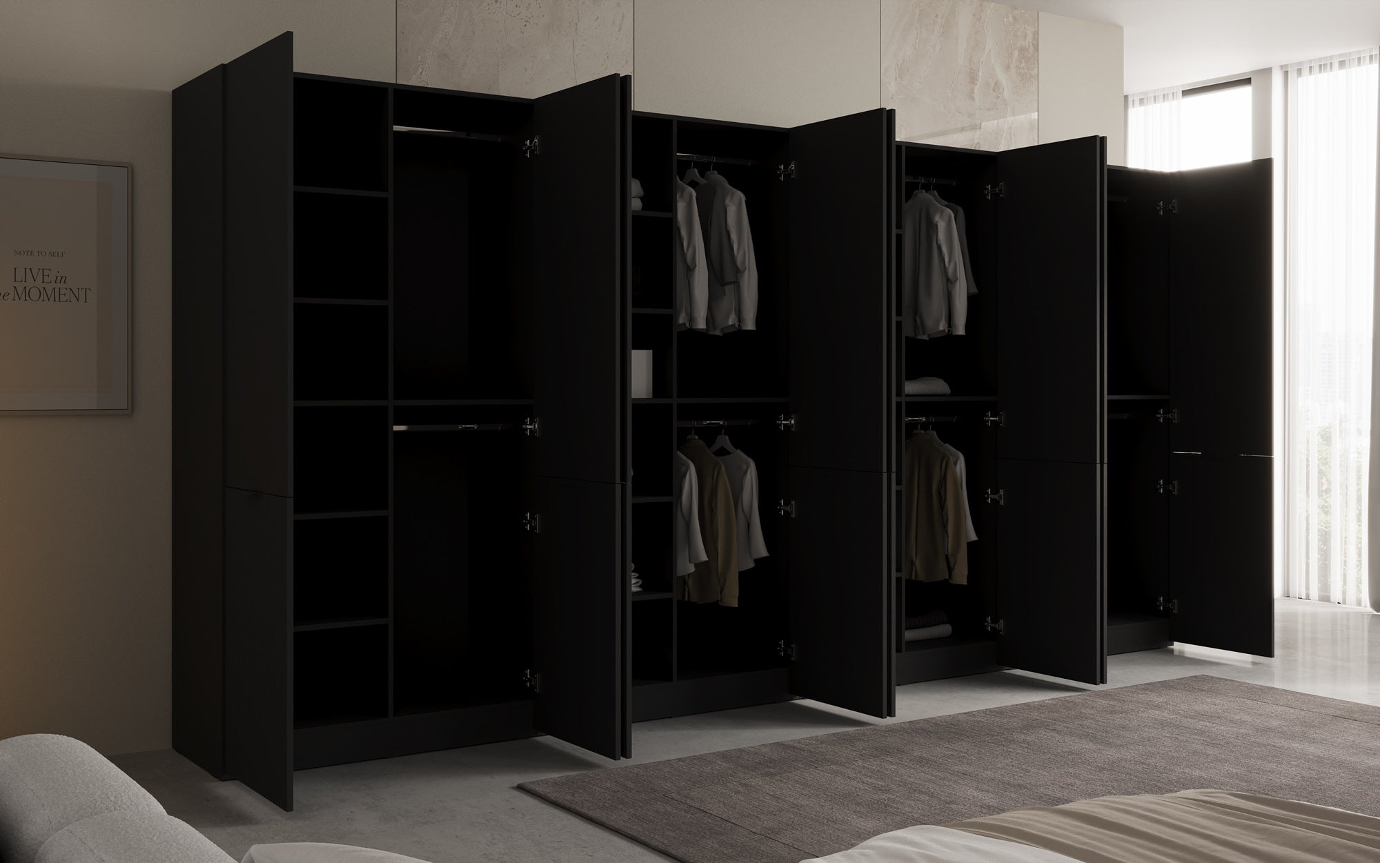 Modulo Faro XL – Véiermodulëge Design-Kleederschaf mat strukturéierter MDF-Front