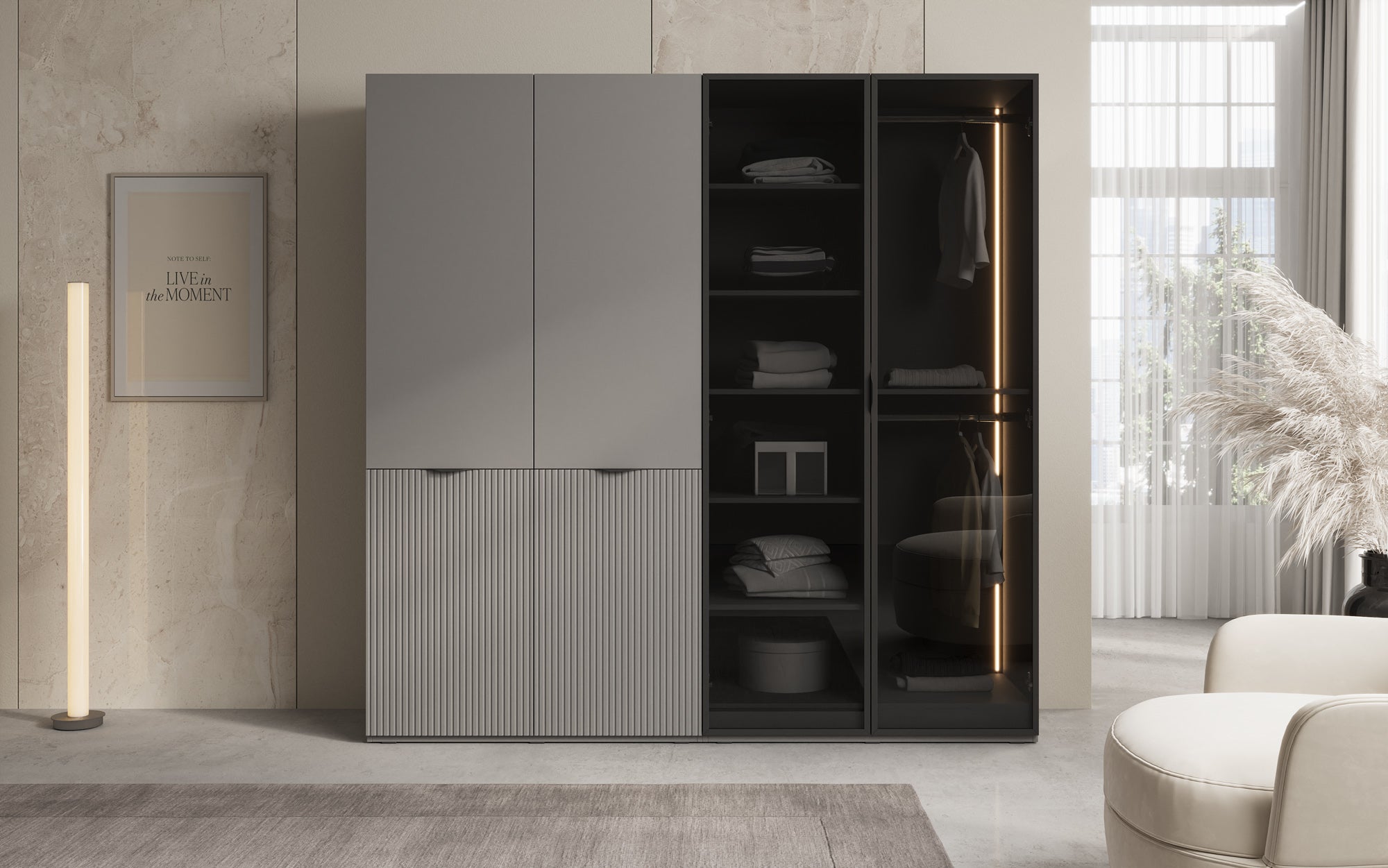 Modulo Nero – Modularen Kleederschaf mat Glas- a Strukturfront