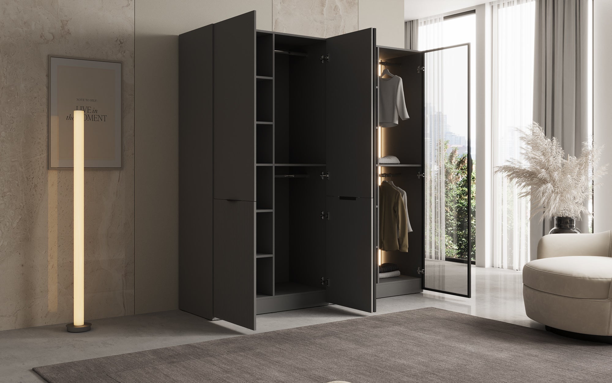 Modulo Nero – Modularen Kleederschaf mat Glas- a Strukturfront